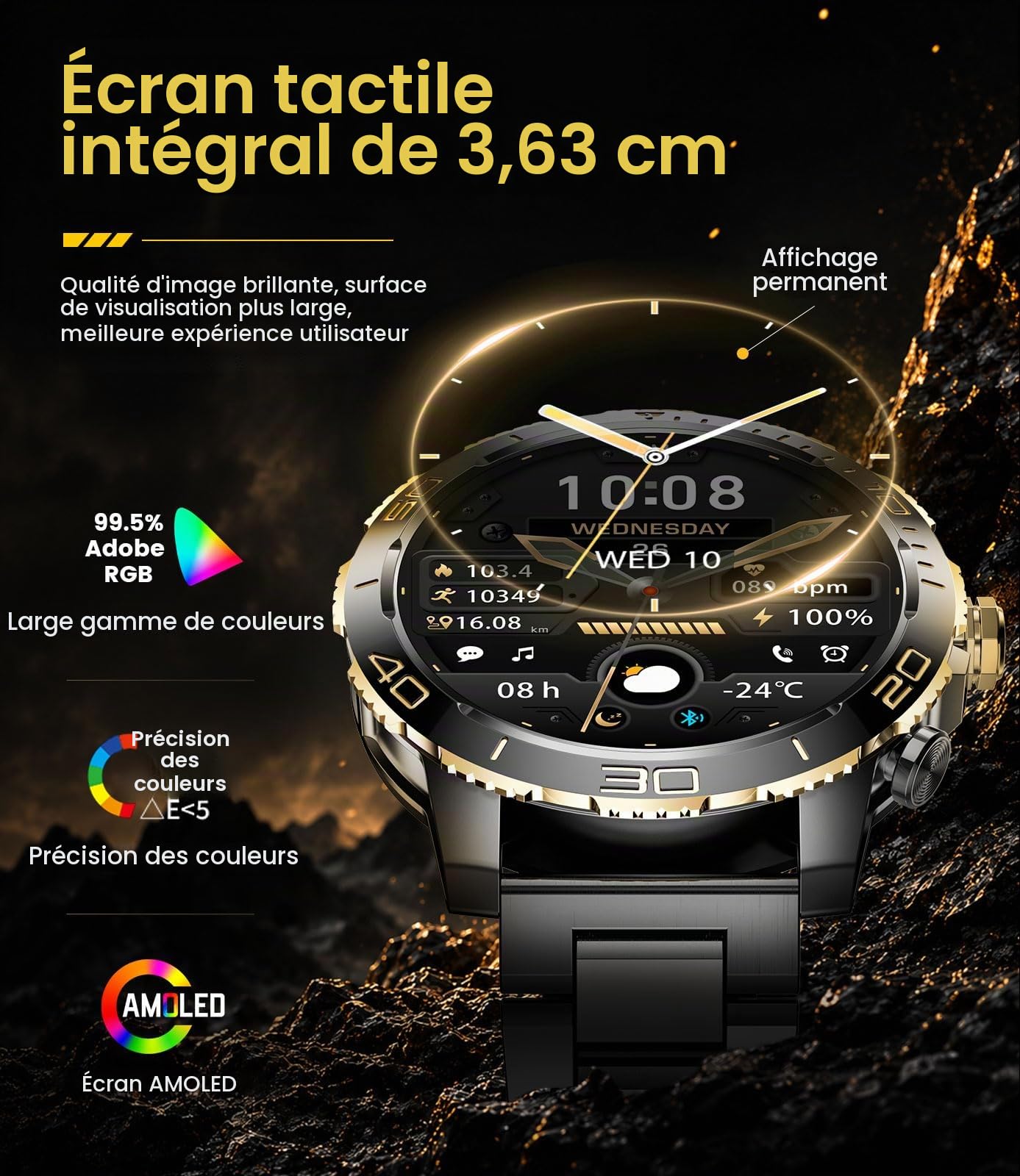 Montre Connectée Homme, Batterie 800mAh Smart Watch avec 1.43‘’ AMOLED Écran Appels Bluetooth, 200 Modes Sportifs, IP68 Étanche, LED Lampe, Cardiofréquence, Sommeil, iOS Android Noir