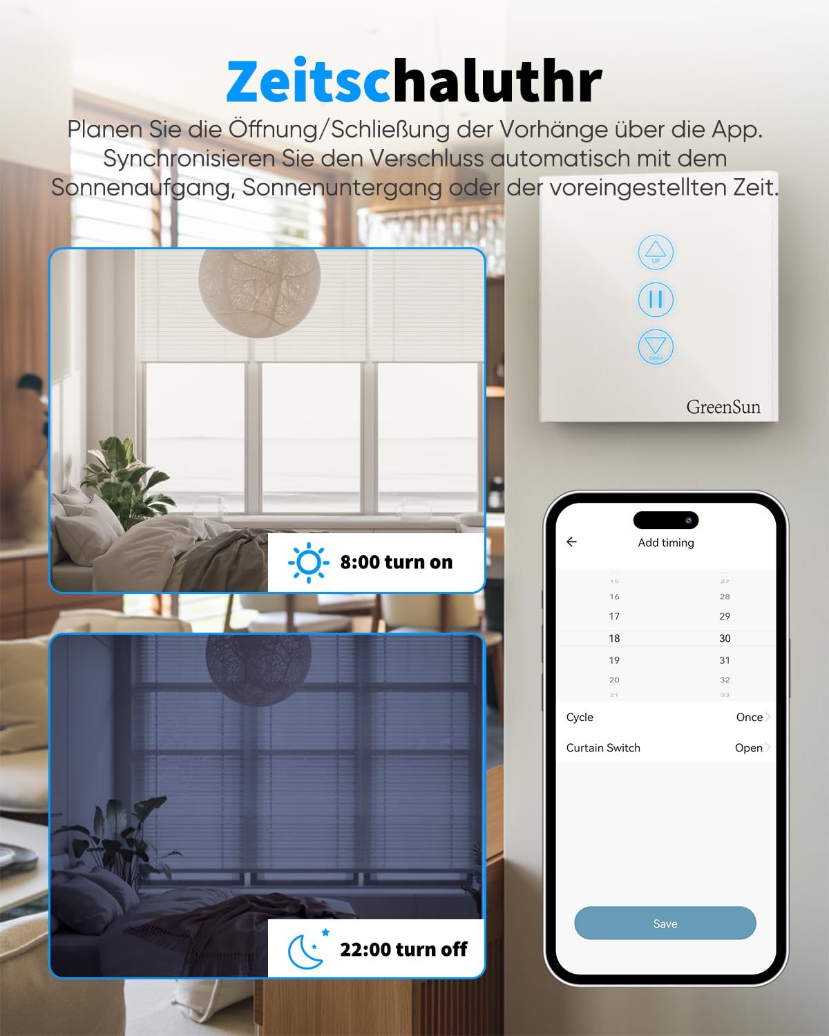 GreenSun WLAN Smart Rolladenschalter - Jalousien Schalter mit steuerbarer LED, Smart Rolladen Zeitschaltuhr Rolladensteuerung kompatibel mit Echo Alexa/Google, 4 Stücke
