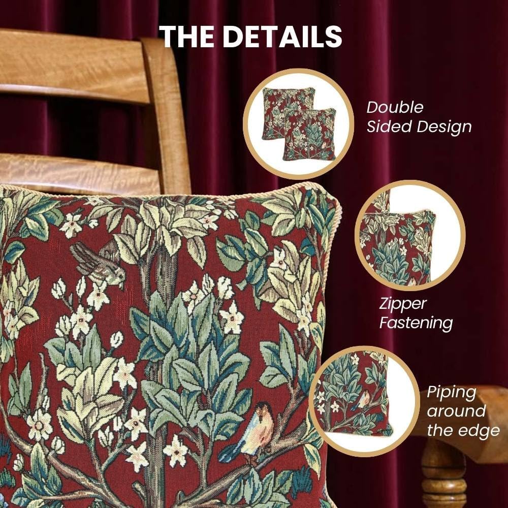 Signare William Morris Artist Tapestry Double Sided Square Throw Pillow Cover 18" x 18"/ 45cm x 45cm (No Padding) in Red Tree of Life Design