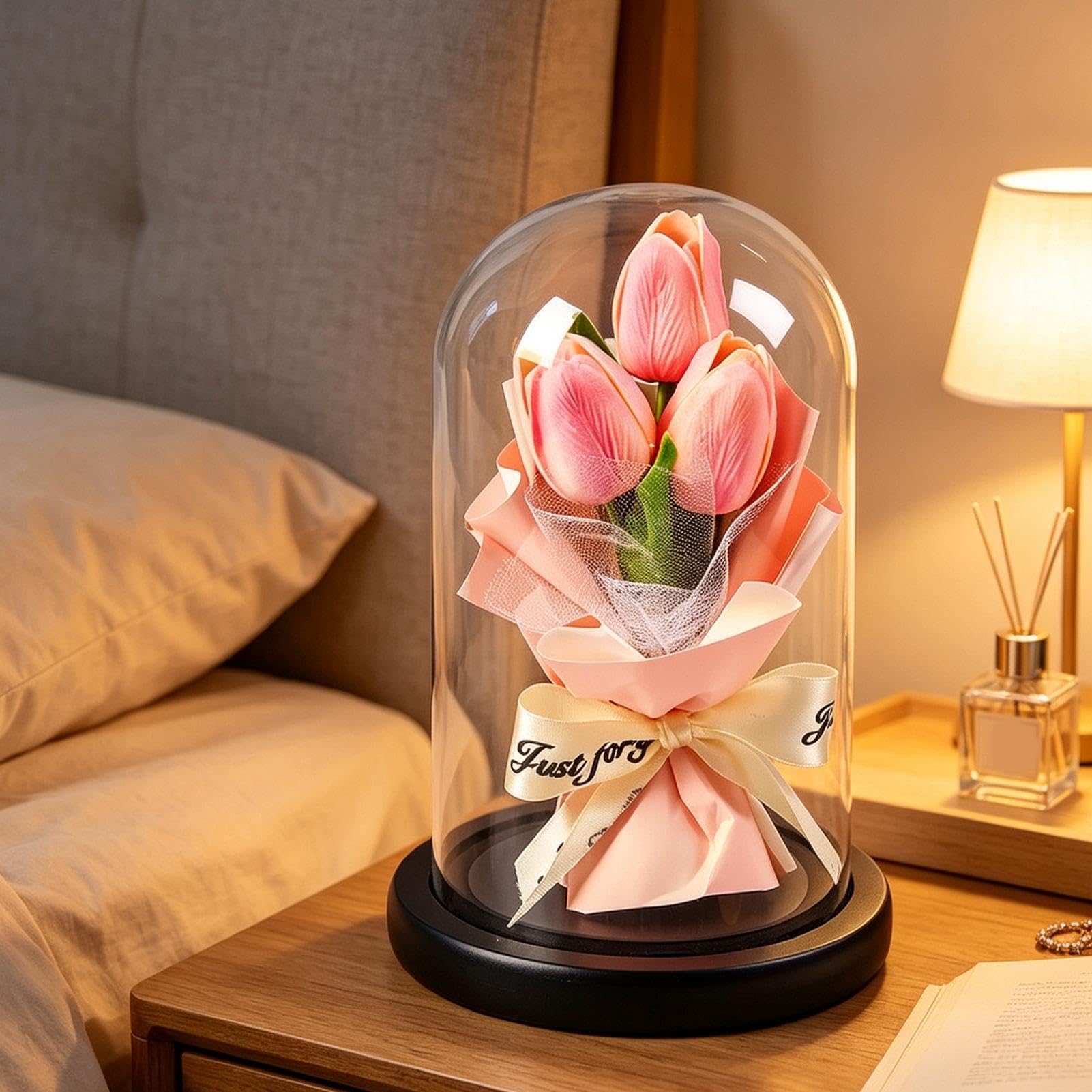 Bouquet di fiori secchi stabilizzati con luce a LED in cupola di - De