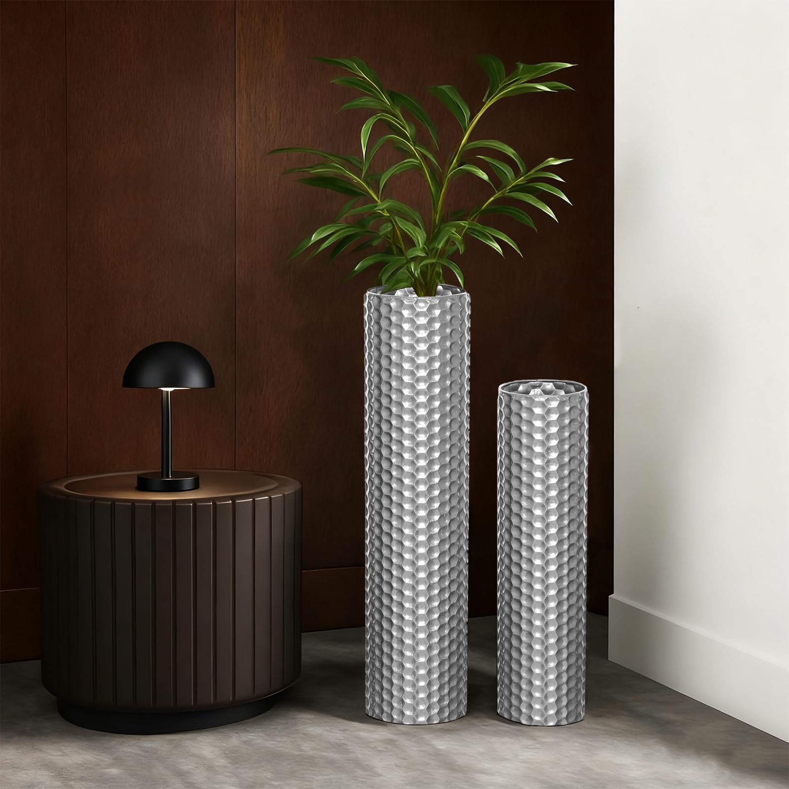 Sziqiqi Bodenvase Groß Metall Silber: 70/55 cm Hoch Große Vasen für Boden Set aus 2 für Trockenblumen Pampasgras Kunstblumen - Wabenmuster Blumenvase Groß für Wohnzimmer Flur Home Wohnung Esszimmer