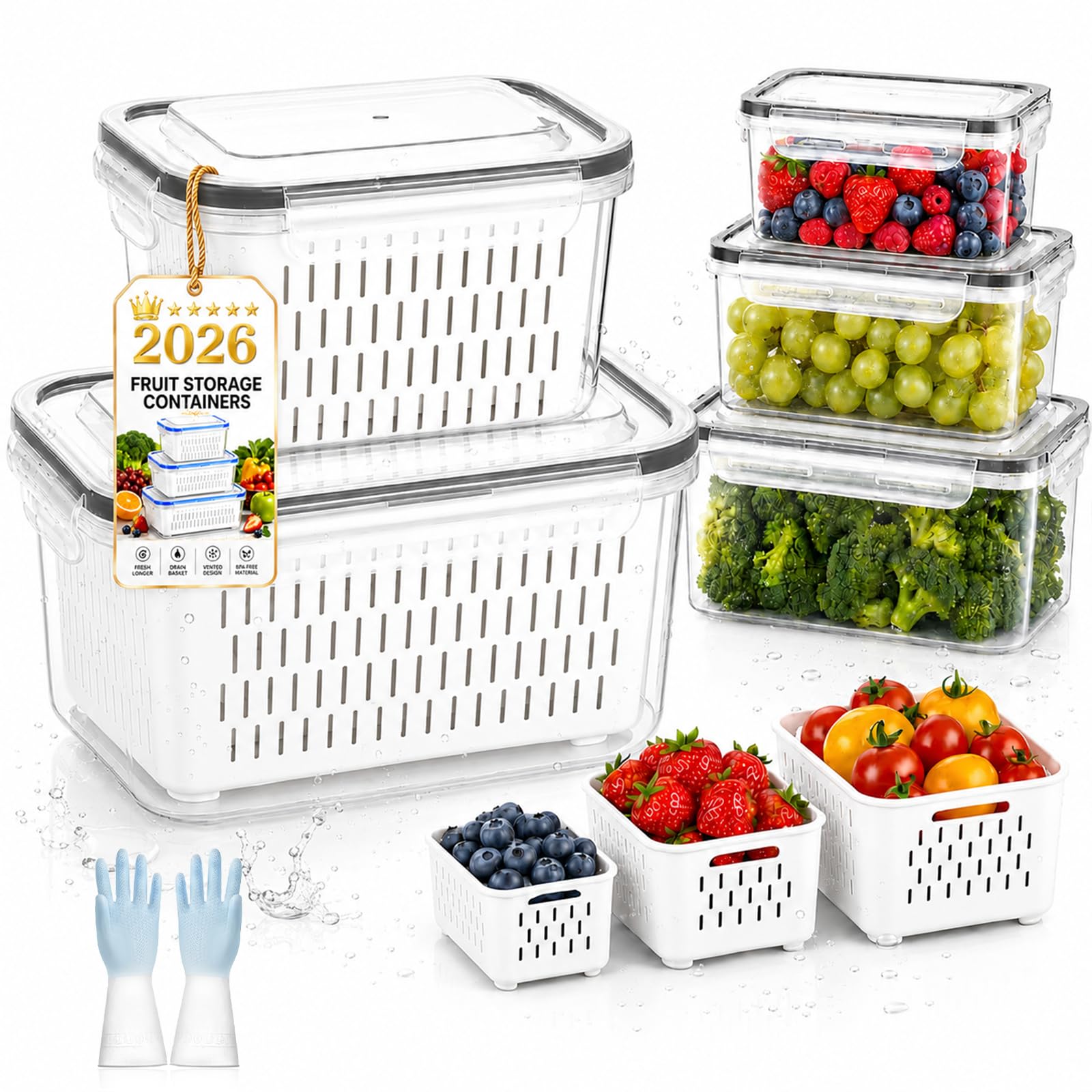 4-In-1 Fruit Strainer Container, Berry Storage Containers for Fridge with Removable Colander & Lid, Airtight Fresh Food Storage Containers with Drain Basket for Meat Fruit Vegetables (Blue,S+M)