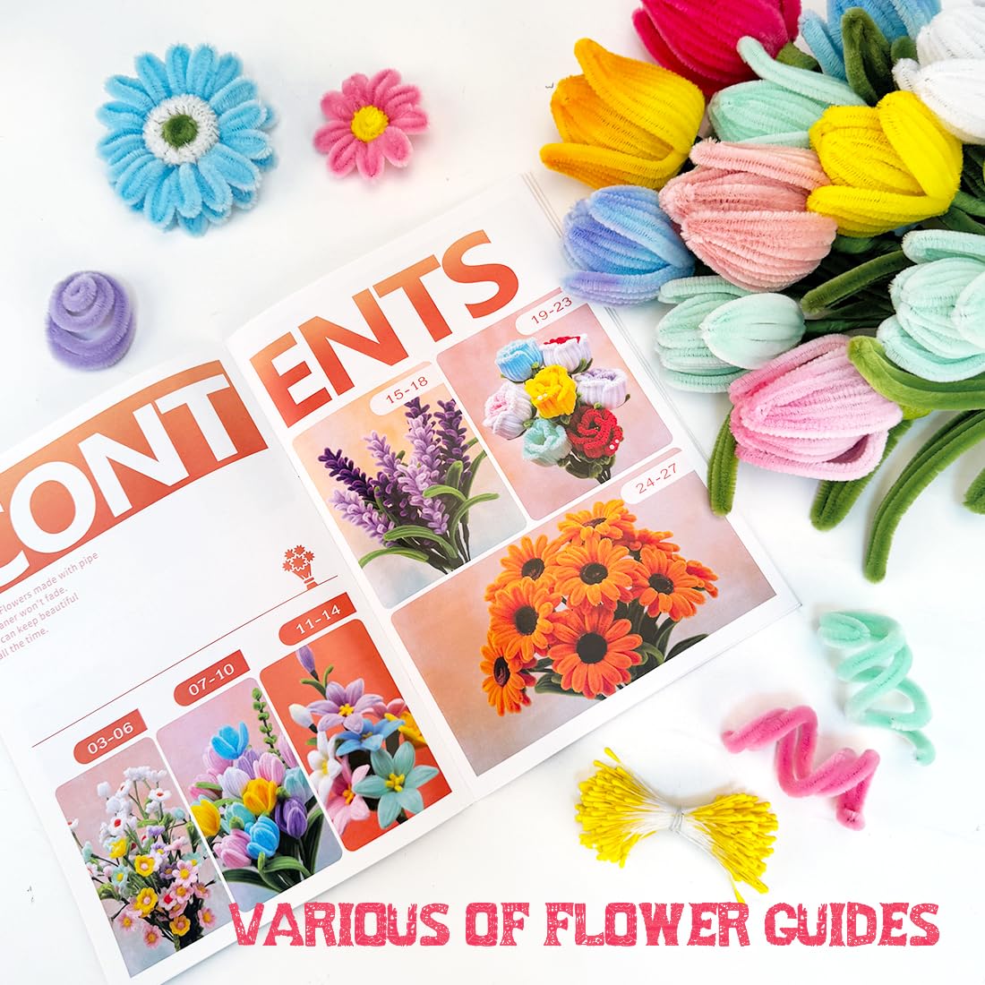 IOOLEEM Blumenbastelset, 480 mehrfarbige Pfeifenreiniger, Blumenarrangement, Kunst- und Bastelbedarf, Premium-Qualität, für Kinder, faltbar