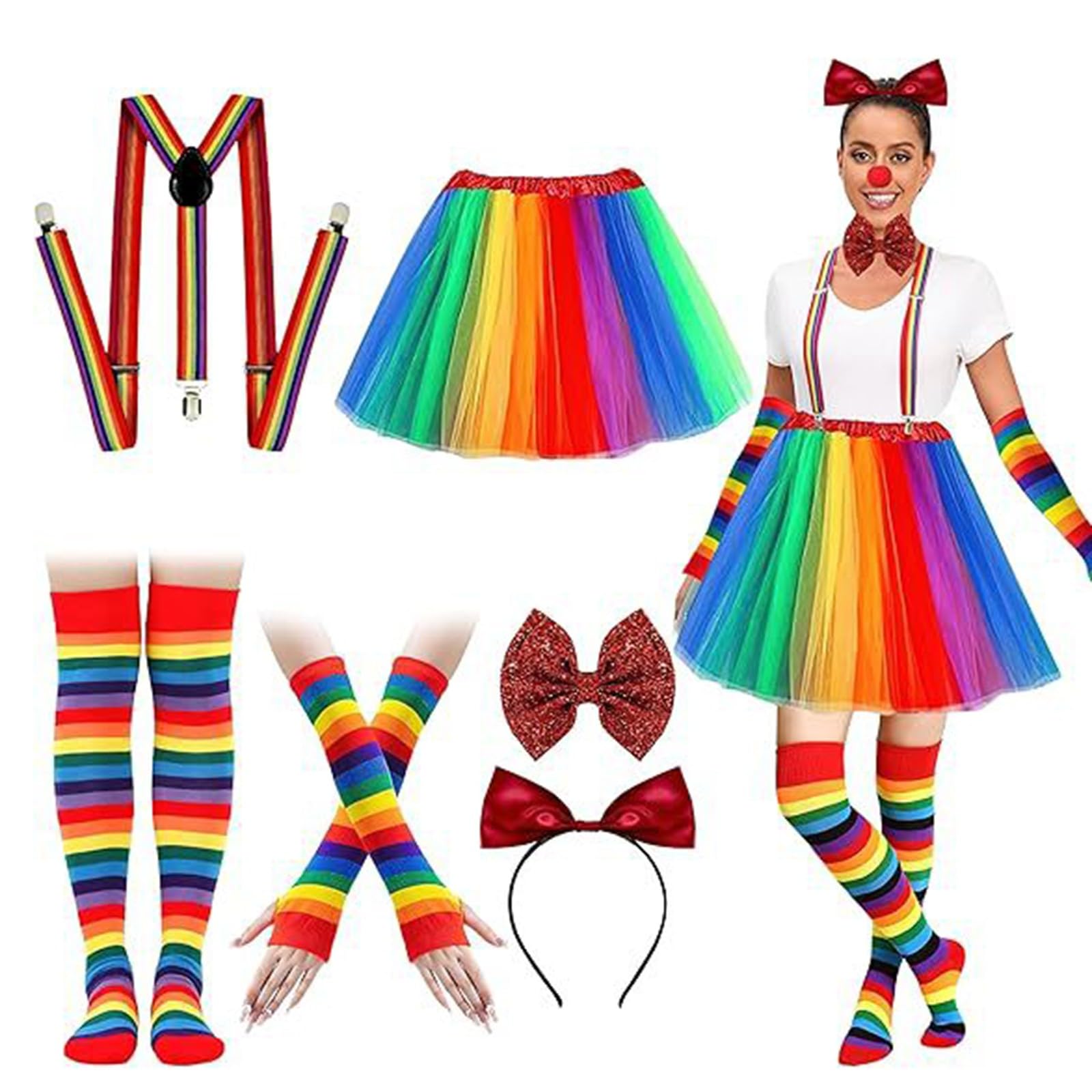Générique Ensemble de Costumes de Clown pour Femmes 7 Pièces, Jupe Tutu, Chaussettes RayéEs de Clown de Cirque, Bretelles RéGlables Dans Le Dos, Robe Noire Gothique pour Femme Grande Taille