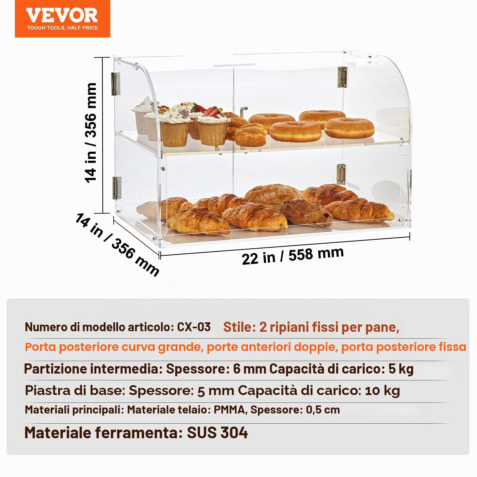 VEVOR Espositore per Pasticceria 2 Ripiani Vetrina per Panetteria in Acrilico Trasparente Espositore da Pasticceria per Pane Dolci da Pasticceria, Caffetteria, Ristorante, Hotel, Vetrina da Panificio