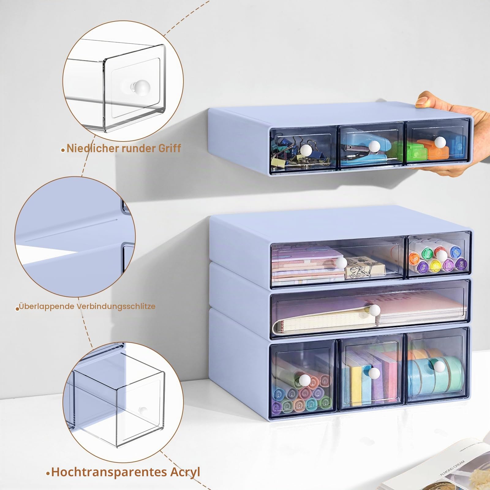 Desk Aufbewahrungsbox mit 9 Schubladen, 4 Lagen stapelbare Lagerung Schubladen für Schreibtisch Lagerung, Klare Veranstalter Anzug für Schreibwaren Make-up Schmuck Büro Craft Supplies (Violett)