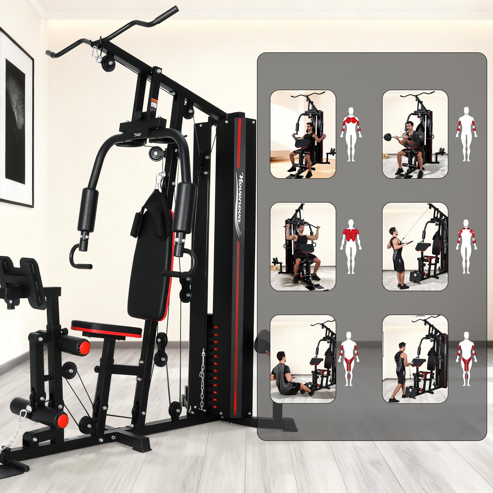 Station de Musculation Multifonction, Banc de Musculation Complet, Barre de Traction Cage Station Machine Musculation avec Poids, Fitness Domicile Home Gym Bras/Épaules/Poitrine/Dos/Jambe