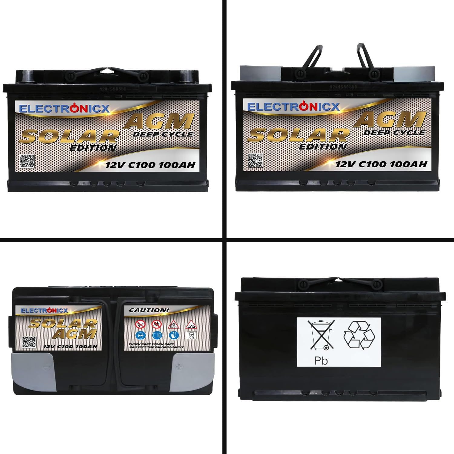 Electronicx batteria di alimentazione AGM SOLAR 12V 100Ah / 100 Ah deep cycle sigillata senza manutenzione, polo positivo a destra – batteria solare fotovoltaica 278×175×190mm per tempo libero