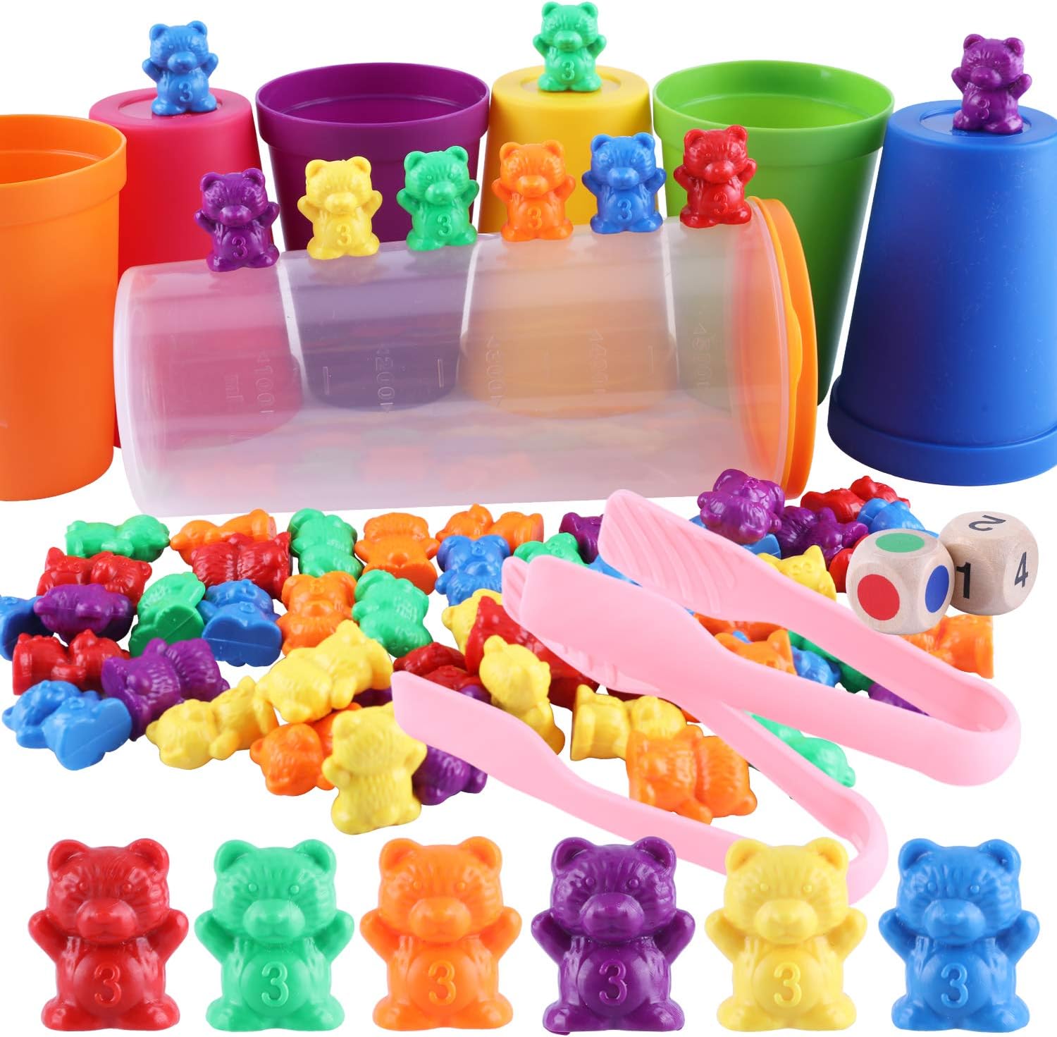 Miumiu Rainbow Counting Bears, 71pcs Colorful Counting Bears Set with Matching Sorting Cups, Bear Counters and Dice Math Toddler Games Montessori Rainbow Matching Game Educational Color Sorting Toys