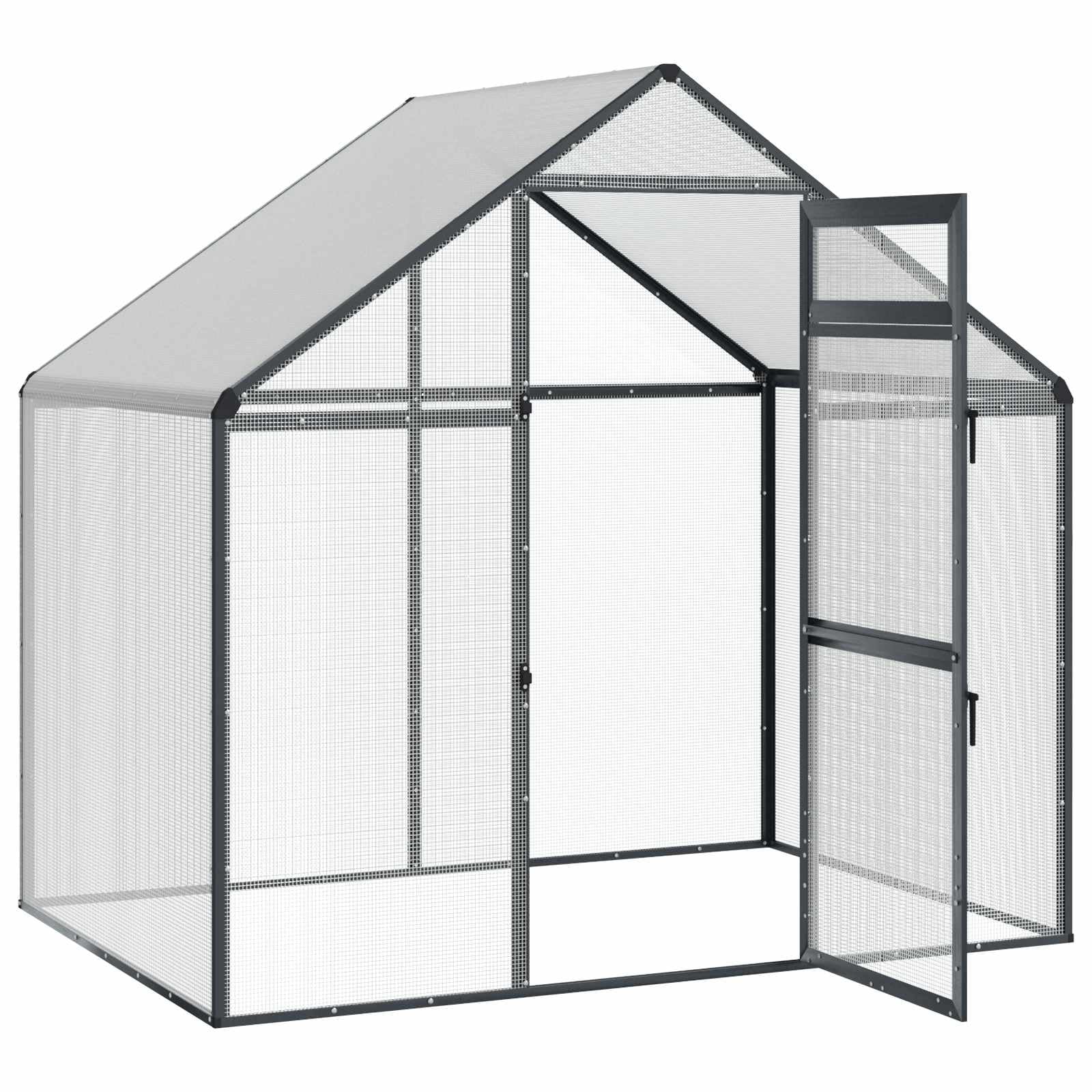 Vogelkäfig Anthrazit 181,5 x 110,5 x 173,5 cm wetterfester Außenkäfig mit Schloss, Fenster, Ständer und Sitzstangen für Papageien, Wellensittiche, Kanarienvögel und Zebrafinken