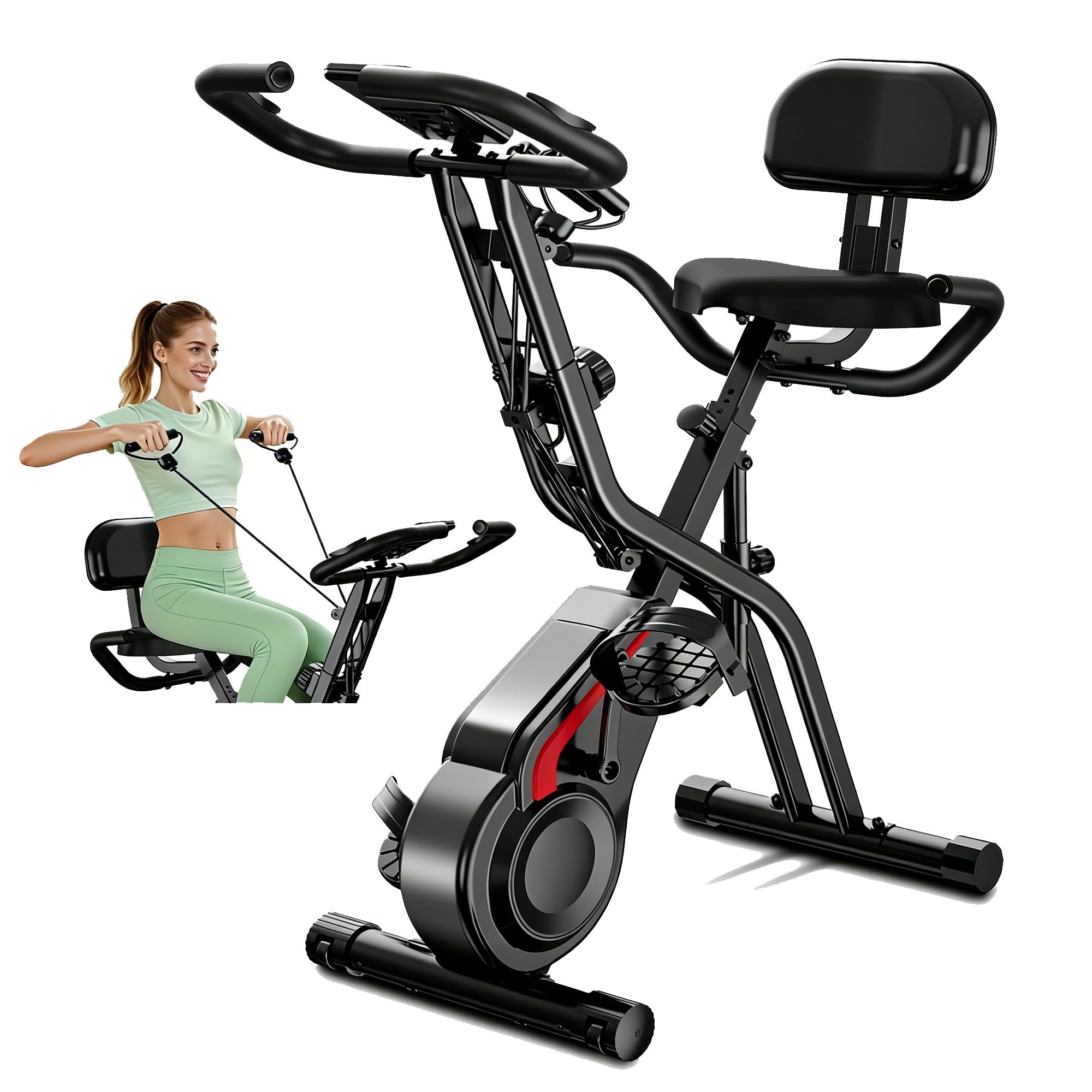 Cyclette per Casa Pieghevole 5 in 1 con Schienale, Cyclette Magnetica con Display LCD e Bande Elastiche, Spin Bike Silenziosa fino 136 kg
