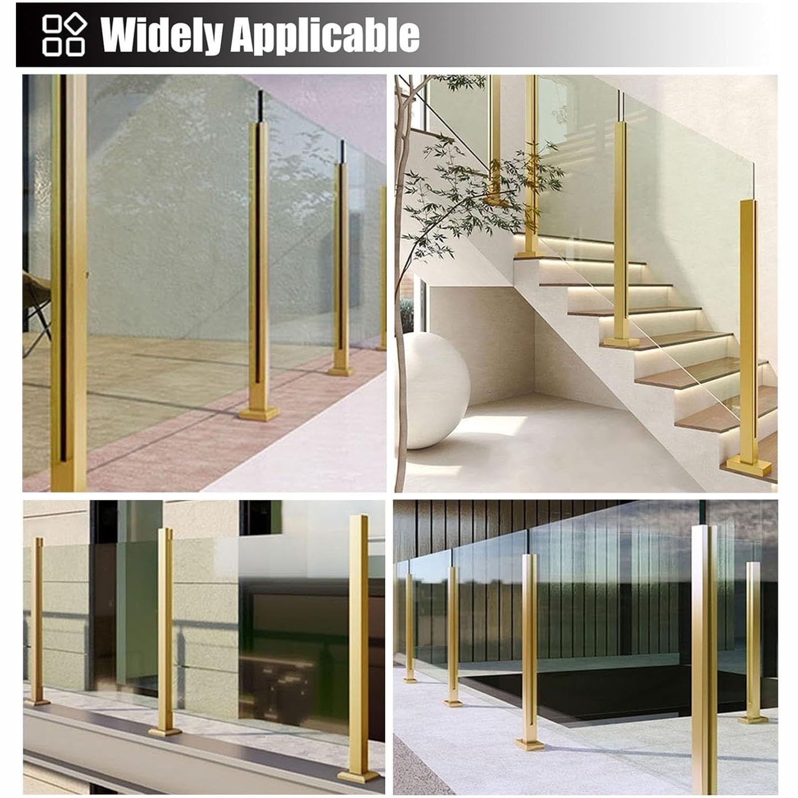 Genérico Sistema de barandilla de Vidrio Cuadrada Dorada, Postes de balaustrada duraderos para Balcones, terrazas, Patios y escaleras, Ranuras para canaletas de Vidrio para Exteriores de 65 cm de alt