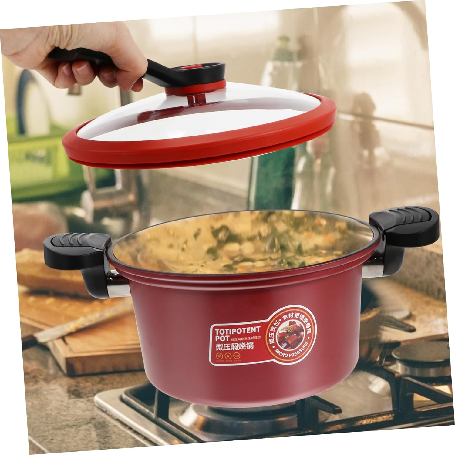 1Pc Non Stick Induction Micro Pressure Cooker Convenient Stew Pot with Dual Handles Safe Grip for Meat and Soup Cooking