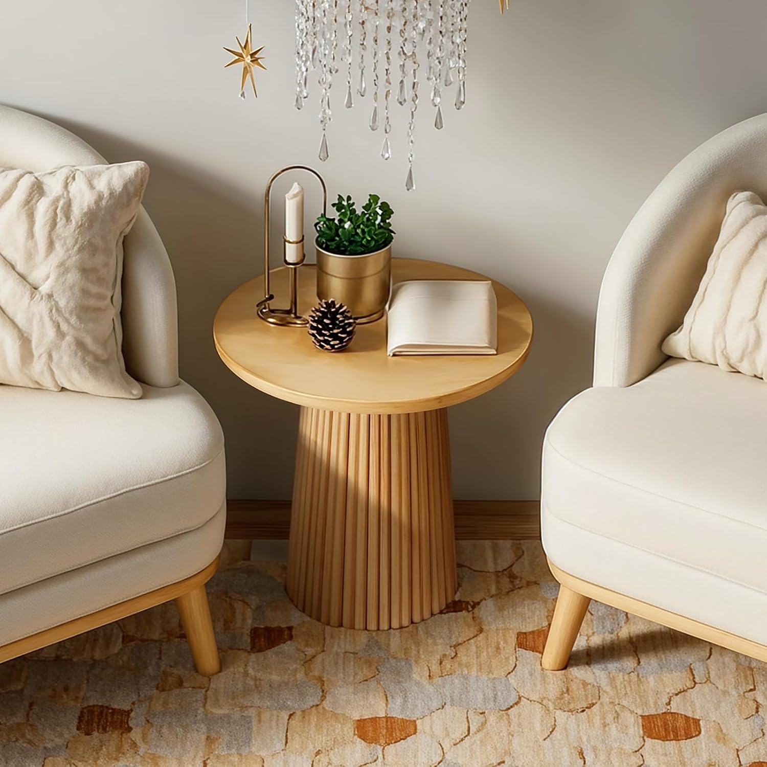 Fluted Round Side Table, Boho Accent End Tables Small Rattan Modern Bedside Table, Indoor Plant Stand, Rustic End Tables for Living Room Bedroom Office Balcony, Wood Color