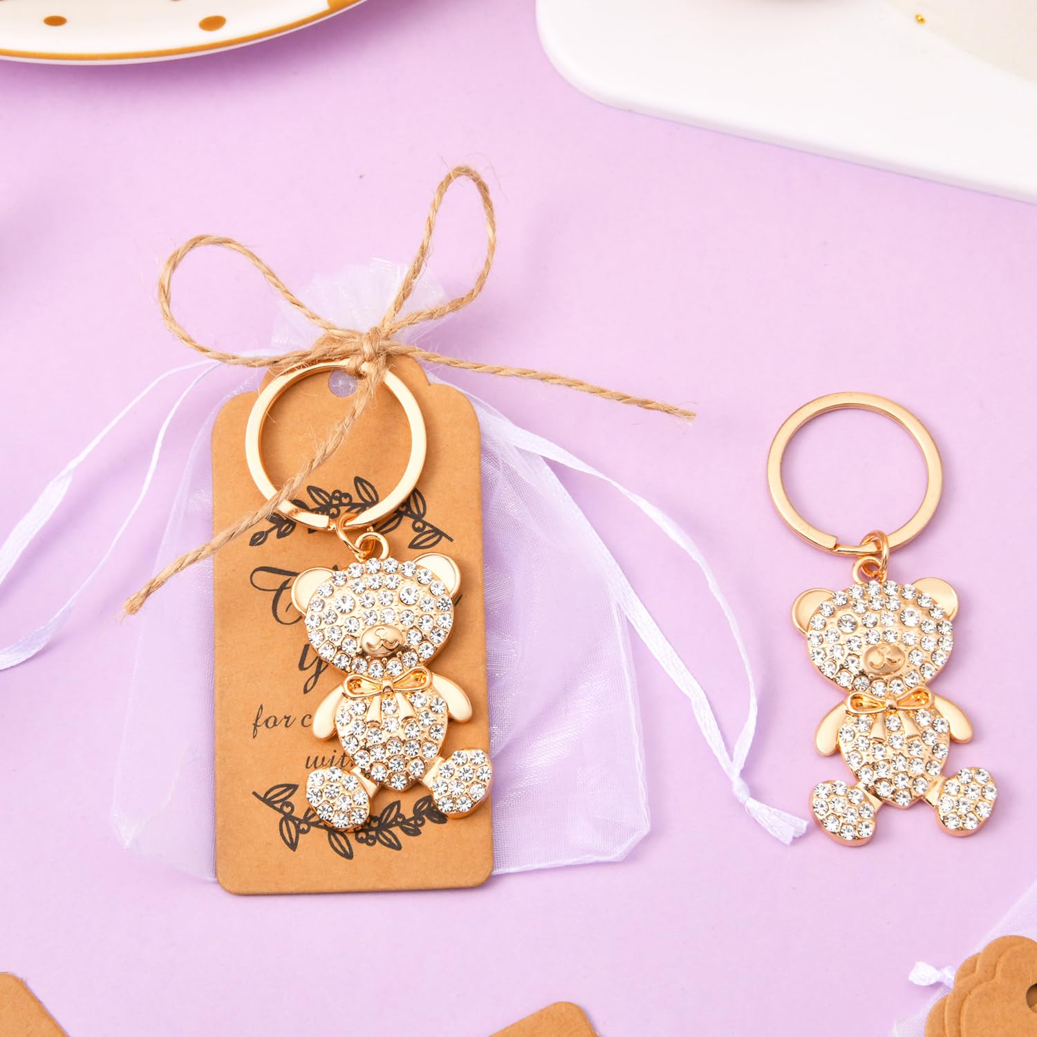50 Stück Strass-Bär-Schlüsselanhänger, Babyparty, Party, Gastgeschenke, Hochzeit, Braut, Geburtstag, Souvenirs für Gäste, niedlicher Bären-Schlüsselanhänger mit Etiketten, Taschen (Gold)