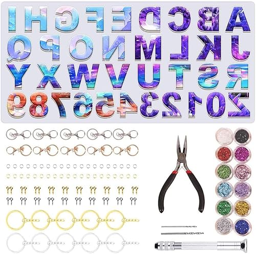 Surakey Moldes de resina del alfabeto, 106 piezas de moldes de silicona hacia atrás 26 letras 10 números molde para hacer joyas de bricolaje molde