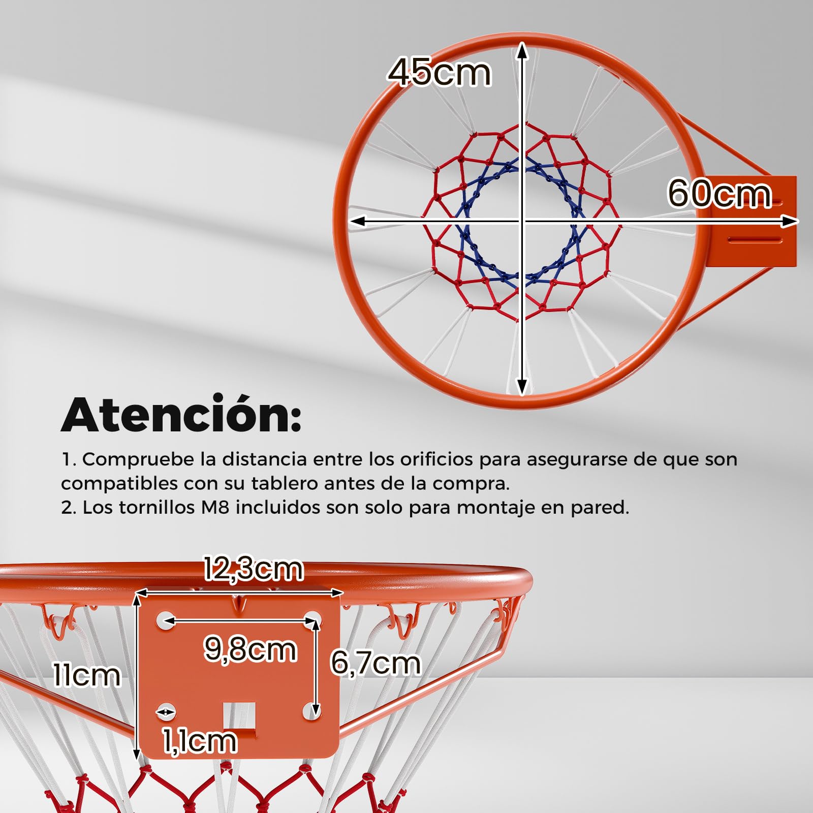COSTWAY Aro de Baloncesto de 45 CM, Pared con Doble Resorte, Canasta Baloncesto Pared, Basketball Hoop Interior y Exterior para Niños y Adultos