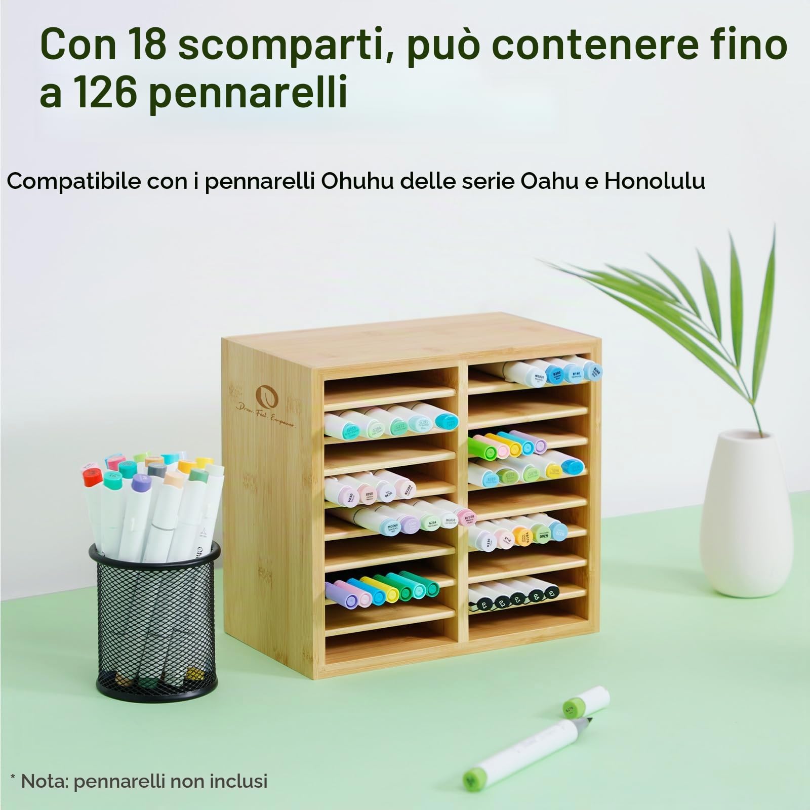 Ohuhu, organizer in legno di bambù, per riporre 126 pennarelli, penne, matite, pennelli artistici, cancelleria, con 18 scomparti, per casa, classe, ufficio