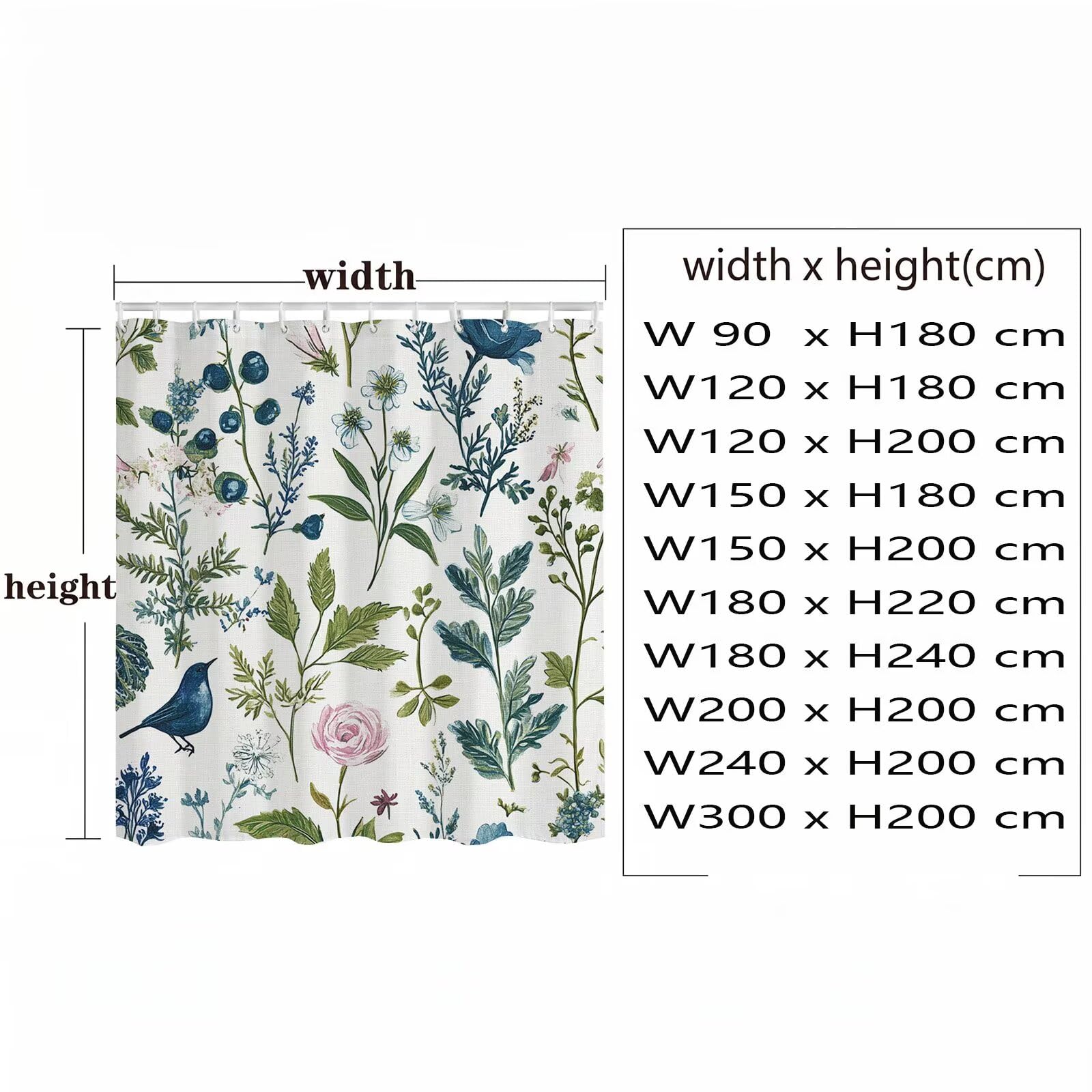 Duschvorhang 300 x 200 cm Stoff für Badezimmer & Badewanne, Wasserabweisend Duschvorhänge mit Beschwerter Saum & Bleiband, Blickdicht Textil Vorhang Polyester Waschbar inkl Ringe (Vogel Blume), Q-o900