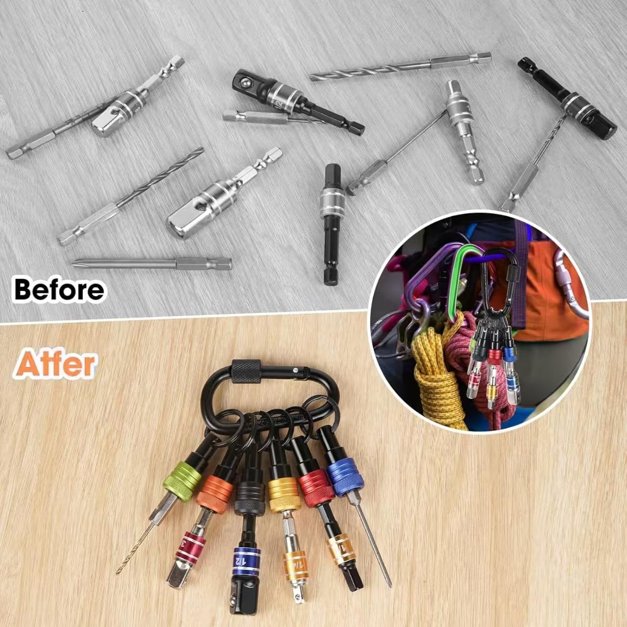 Drill Bit Holder Key Chain 6pc - Enhanced Non-Slip Upgrade, Herism 1/4" Bit Holder for Impact Driver & Nut Driver, Quick-Change Design for Screwdriver & Drill Bits with Keychain Carabiner