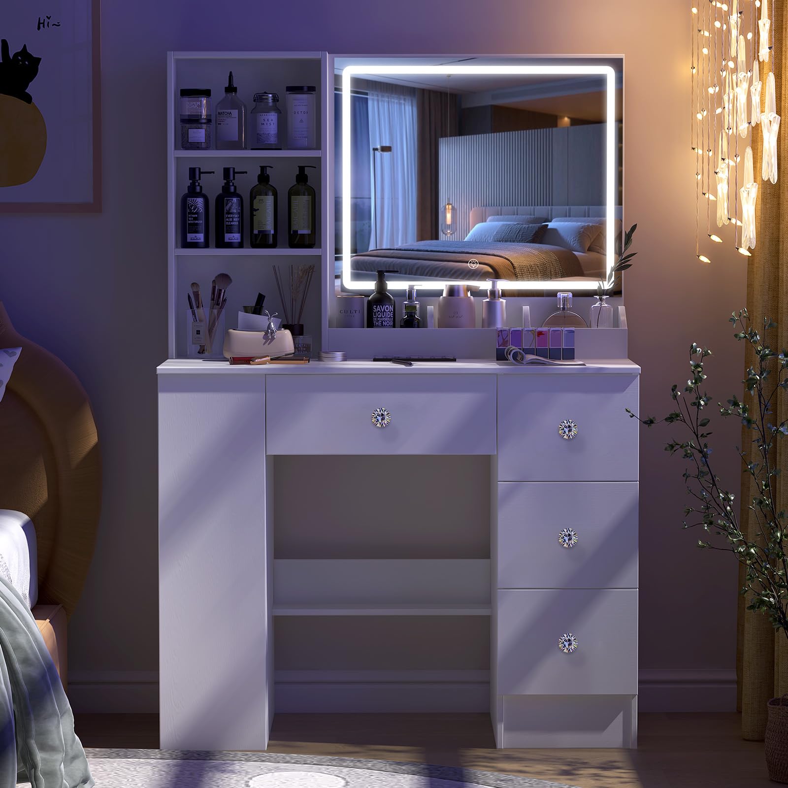 Toeletta Trucco 3-in-1 con Specchio Luci LED - Postazione Makeup, Scrivania e Comodino - Toeletta Bianca Moderna 90 cm, Maniglia Diamante