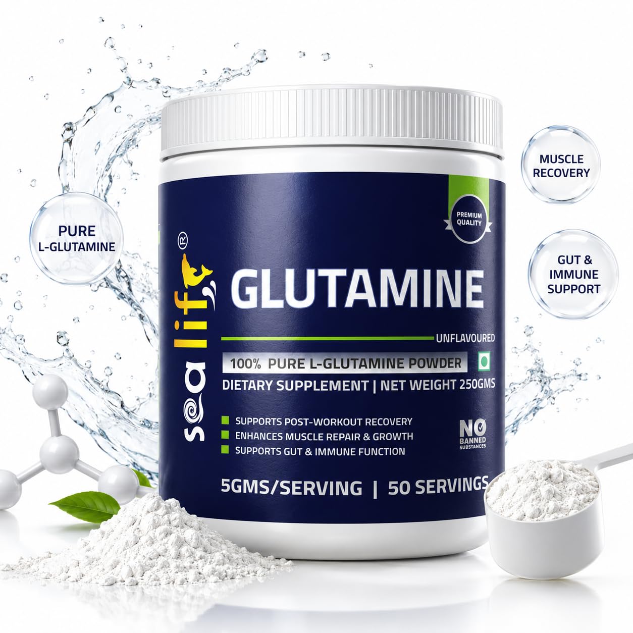 Sea Life 100% Pure L-Glutamine | Glutamine Powder, Amino Acid | Post Workout Supplement for Muscle Growth & Recovery - 250g, Unflavoured (50 Servings) For Men & Women. Pack of-1 — Amazon image 4