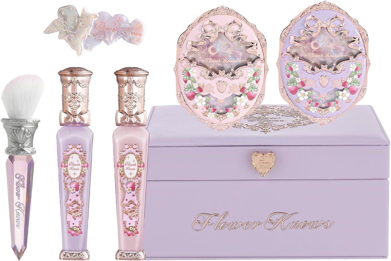 Violet Strawberry Rococo Gift Box Set,7-Piece Makeup Box with Mirror,Lip Gloss×2+Blush×2+Blush Brush×1+Hair Clip×1+Gift Box×1,Perfect Makeup Gift for Girls & Women