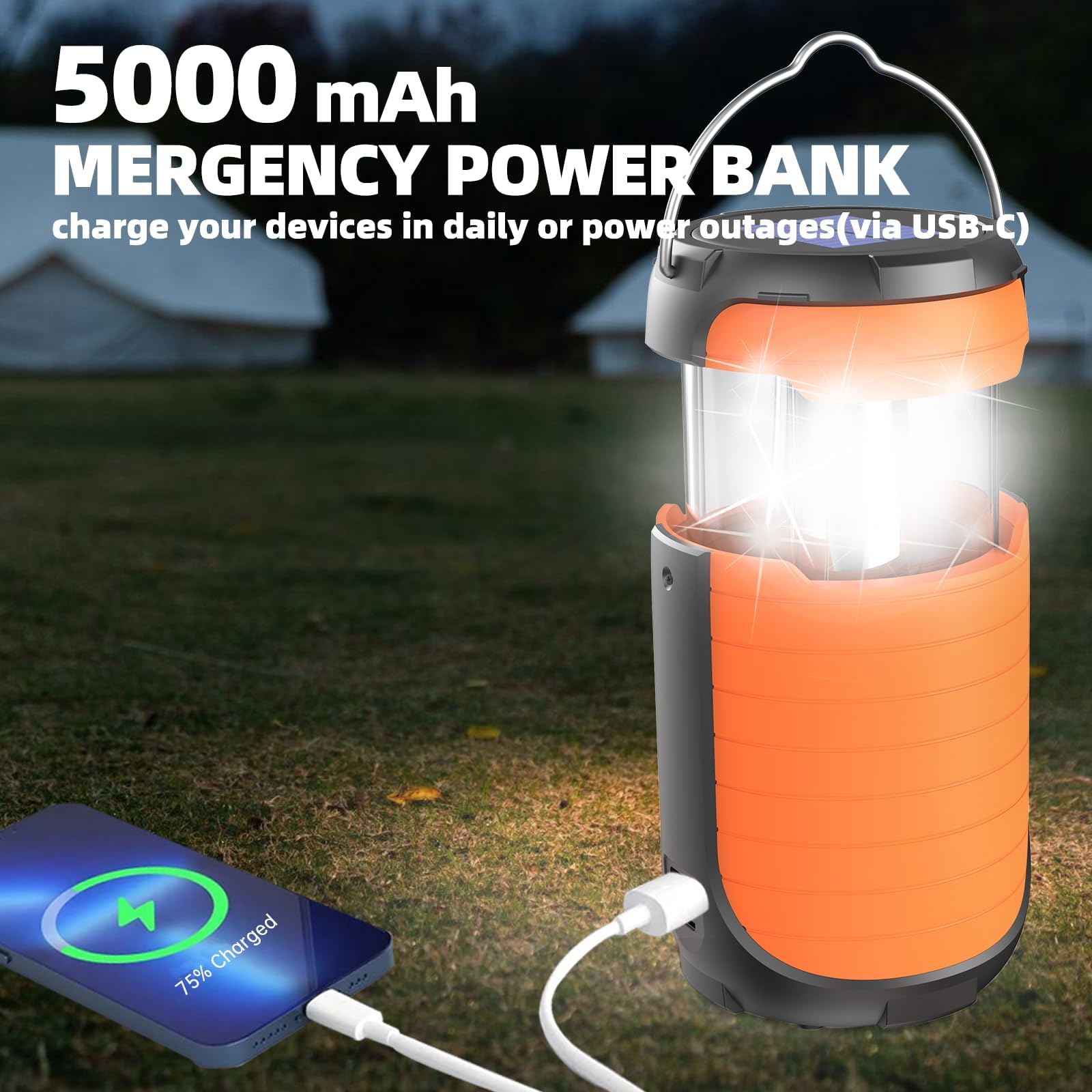 Lanterna da campeggio 5000 mAh a energia solare con manovella telescopica LED torcia portatile pieghevole gancio caricatore USB lampada elettronica per uragano emergenza famiglia (201-G
