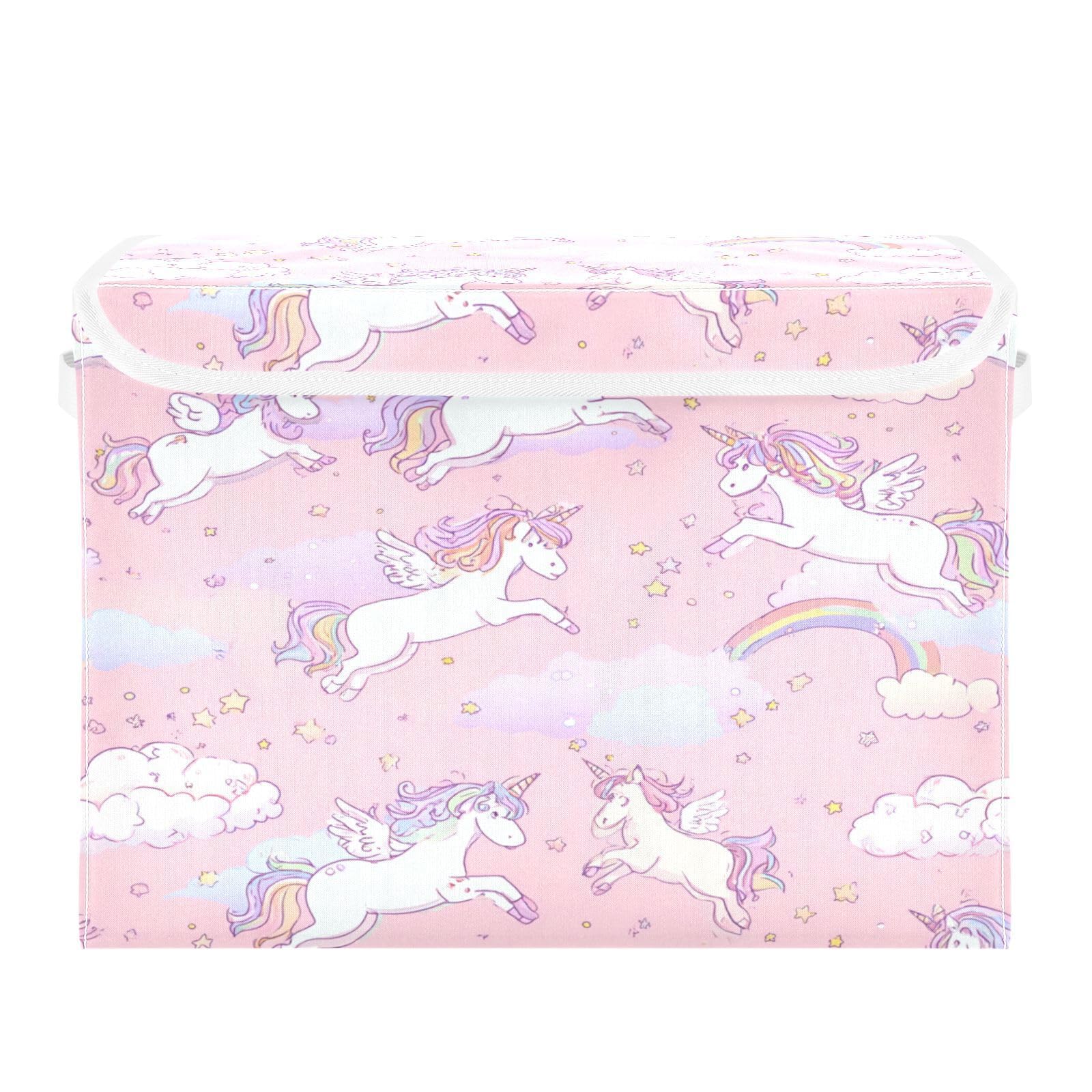 Ewusp Unicorns Fabric Storage Bin with Lid, Decorative Foldable Storage Basket with Handles, Stackable Closet Shelf Organiser Box for Clothes, Books, Bedroom, Living Room
