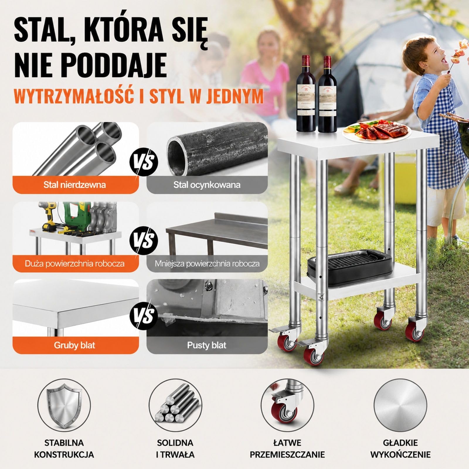 Stół roboczy ze stali nierdzewnej na 4 kółkach z regulowaną dolną półką do kuchni i warsztatu