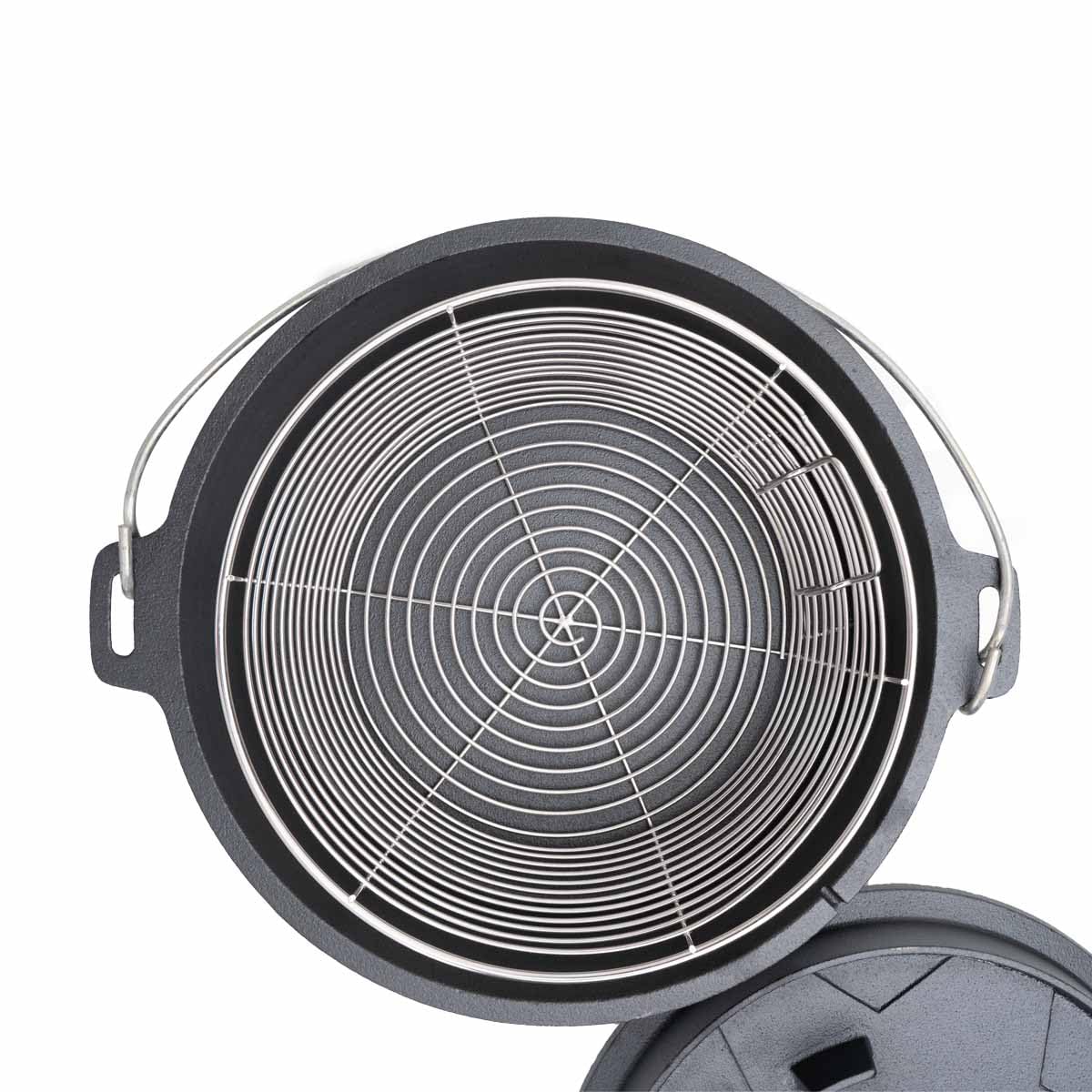 SANTOS Dutch Oven mit Deckel - inkl. Frittierkorb Ø 27,5 x9,5cm - 8,5 L/9 Qt Feuertopf - Gusseisen - ideal für Lagerfeuer, Feuerstelle, Kohle- oder Gas-Grill
