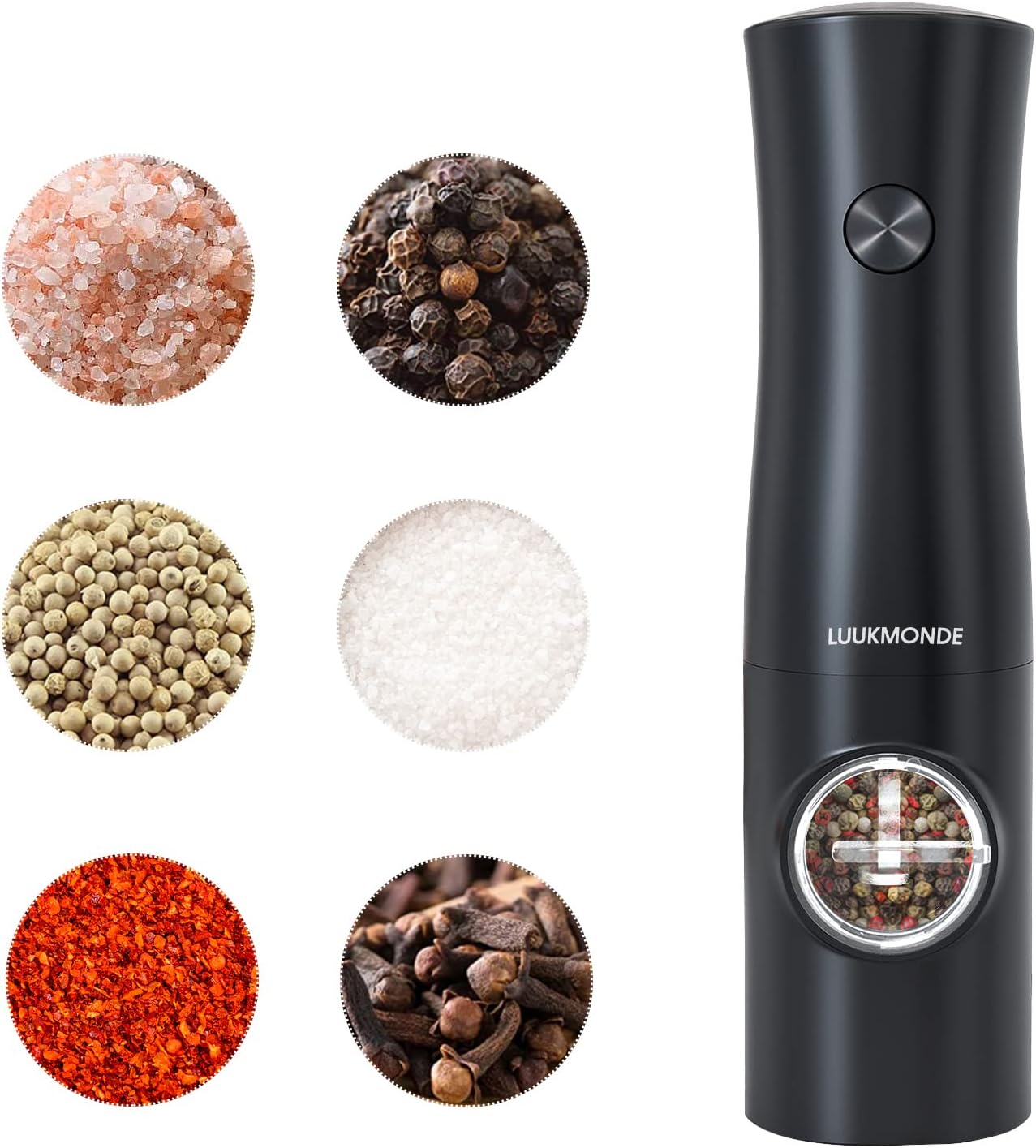 Electric Salt and Pepper Grinder, Salt and Pepper Mill Adjustable Coarseness, Battery Power with LED Light, Automatic Salt and Pepper Shaker One Hand Operation (Black, Single)