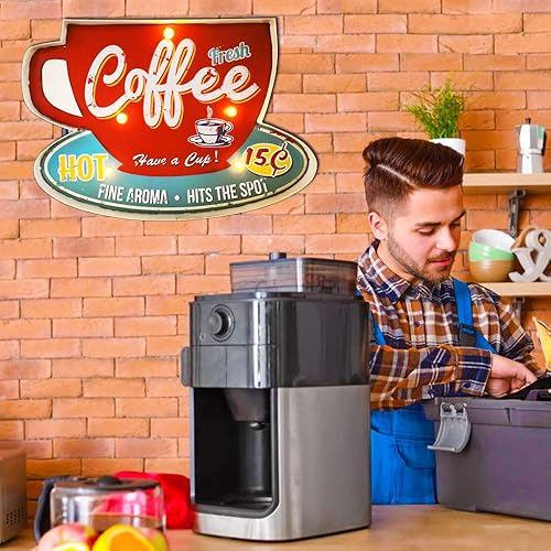 Miniatura 4 de TipTrek Letrero retro de café, metal y madera, 16 x 11 x 2 pulgadas, LED y neón, perfecto para decoración del hogar y cafetería