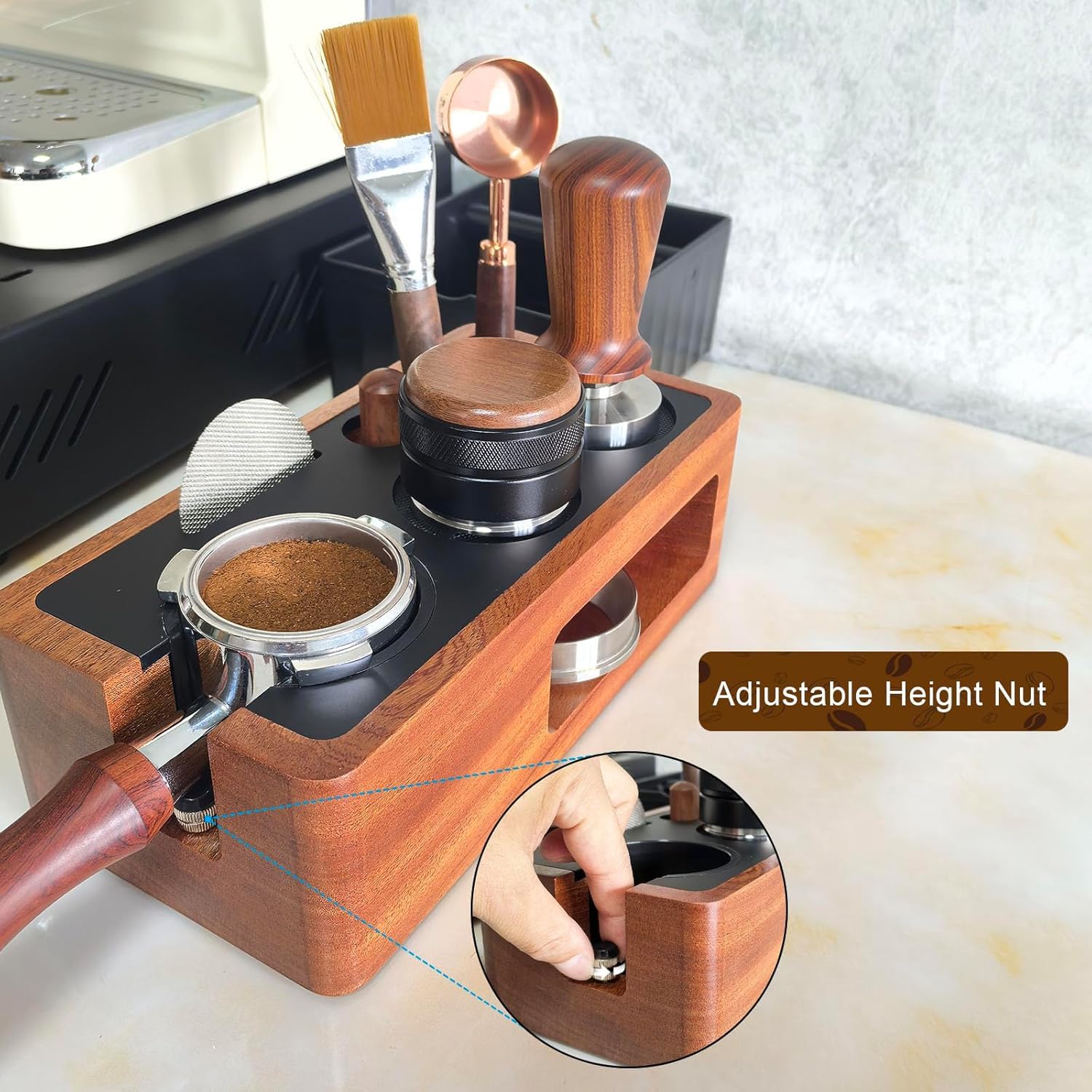 Verbesserte Espresso-Stopfstation, Massivholz, Espresso-Zubehör-Organizer, multifunktionaler Kaffeezubehör, Tamper Sta-Tion, Espresso-Station passend für Standard-Siebträger (A1)