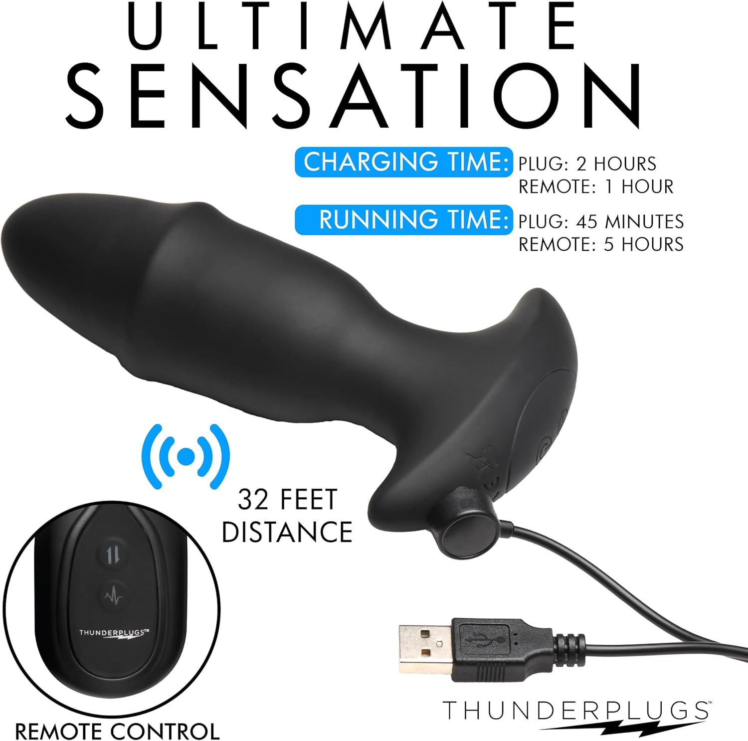 Sliding Ring Silicone Missile Plug with Remote for Women, Men & Couples. Sliding Feature, Rumbling Vibration, Splashproof Silicone, Rechargeable Vibrator Toy. 2 Piece Set, Black