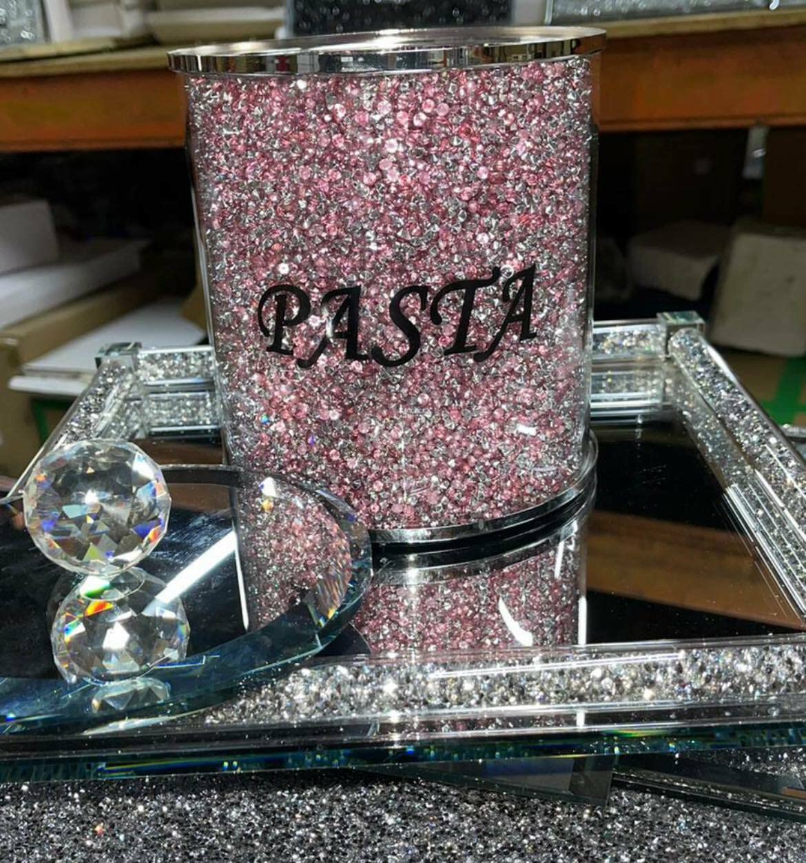 Biznest Pink Latest Crushed Crystal Diamond Pasta Jar Canister Kitchen Storage Round