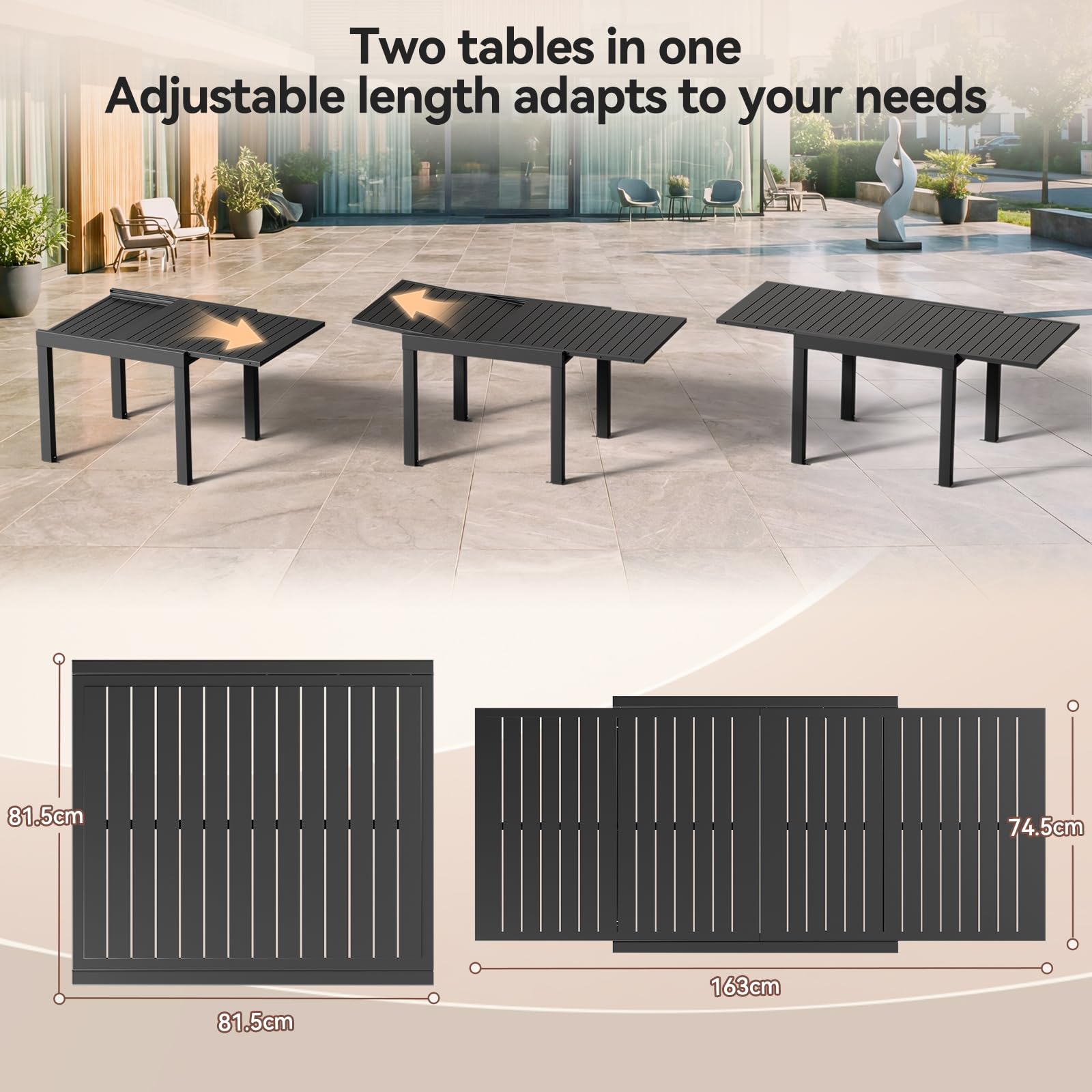 JUMMICO Table de Jardin Extensible 163x80cm pour 6-10 Personnes - Aluminium Antirouille, Imputrescible et Facile à Nettoyer - Design à Rallonge Compact Résistant aux Intempéries