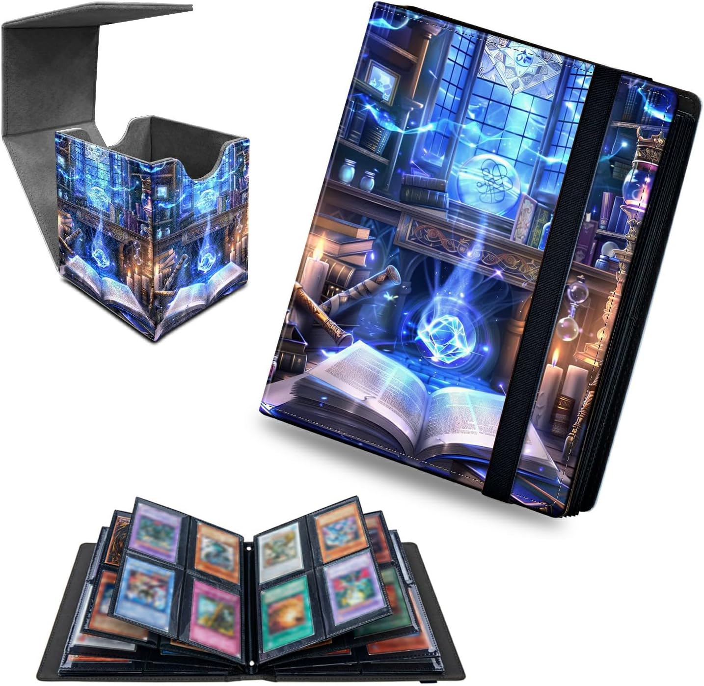 Blue Books 4 Pocket Trading Cards Album + MTG Commander Deck Box, Trading Card Binder Holder with 160 Card Protector, Expandable PU Card Book Collectable Board Game Magic Card Binder