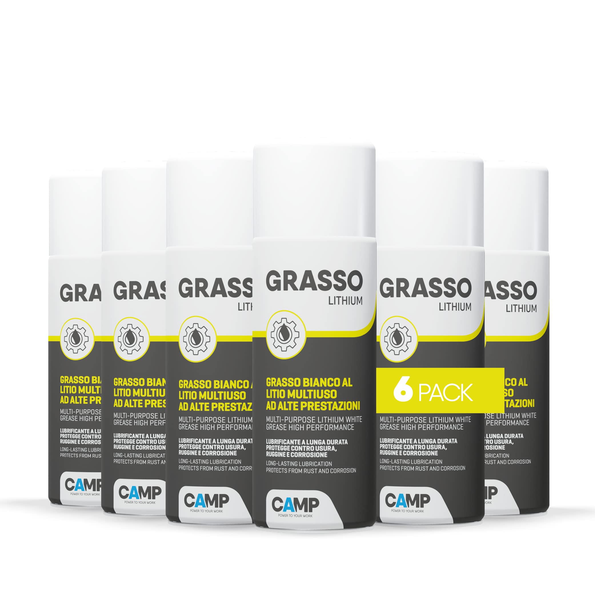 Camp GRASSO LITHIUM, Grasso multiuso al Litio di colore bianco, ad alte prestazioni, prolungato potere lubrificante e anti-grippante, Pack 6x400ml