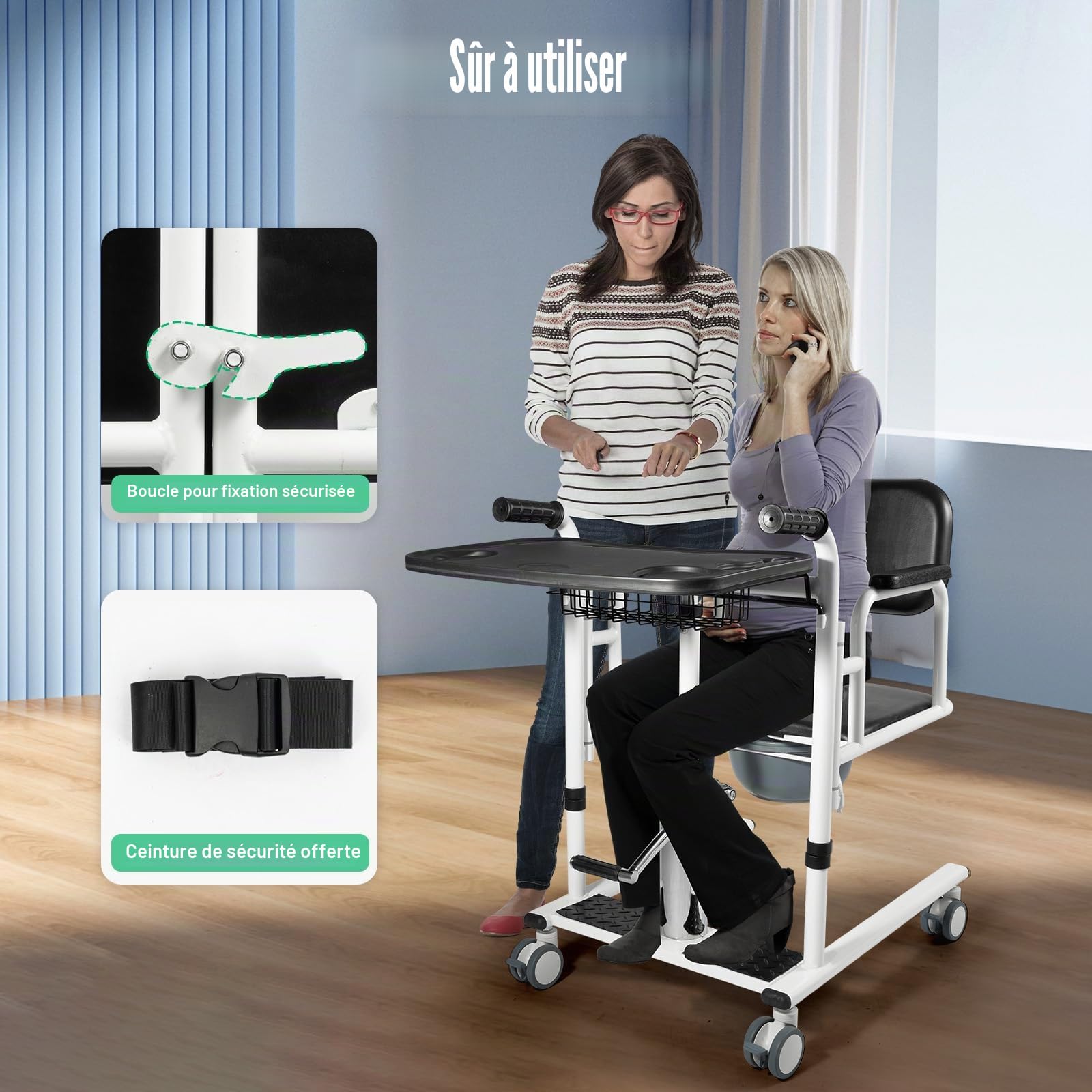 Chaise De Transfert Hydraulique Pour Patients, RéGlable En Hauteur Avec Plateau De Table, Rulettes Verrouillables Et SièGe Divisé à 180 °, Chaise De Douche Pour Personnes âGéEs Et Handicapées (Noir)
