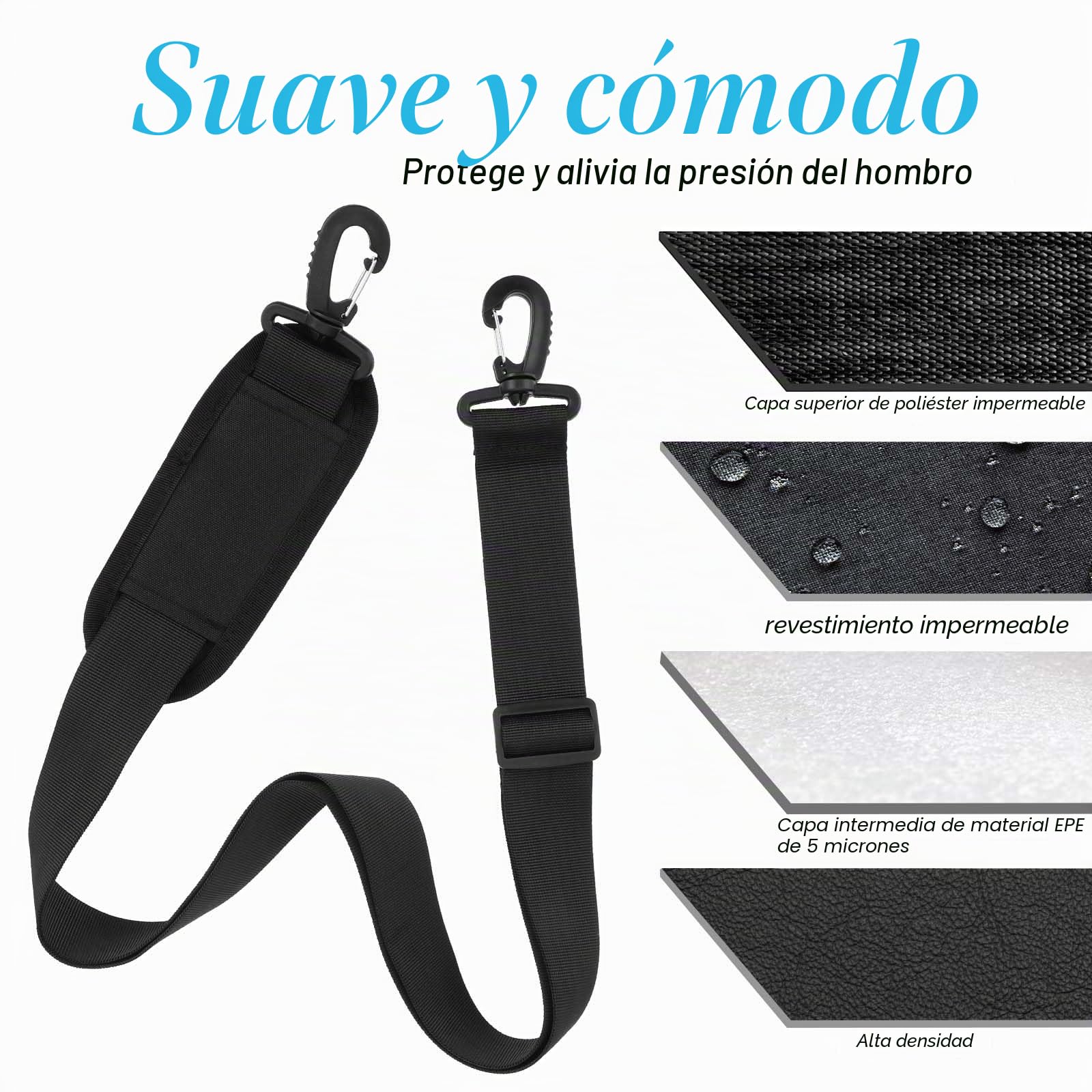 Correa de hombro universal para laptop, ajustable, gruesa, antideslizante, acolchada con ganchos giratorios de metal para bolsa de mensajero, maletín, cámara, bolsa cruzada
