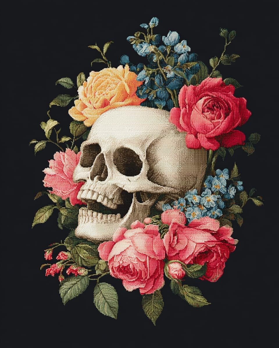 WallustrioaW Cross Stitch Kits for Adults,Flower Skull,11CT Counted Printed Cross Stitch,DIY Embroidery Kit for Home Wall Decor,16x20in