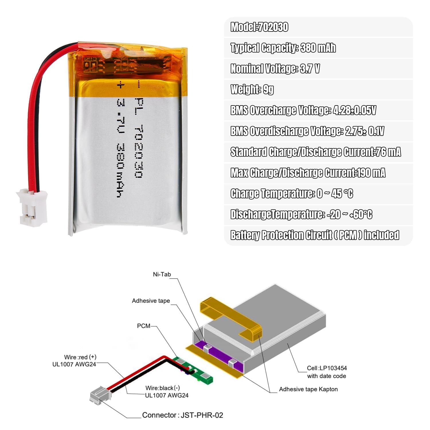 Batería Lipo 3.7V, 380mAh 702030 a Iones de Litio con conexión 2P-PH con Paso 2,0 mm — view 6