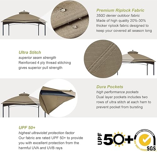 Miniatura 10 de ABCCANOPY Riplock Toldo Superior de Repuesto para Cenador para Lowe's Allen Roth #GF-12S004B-1, Caqui