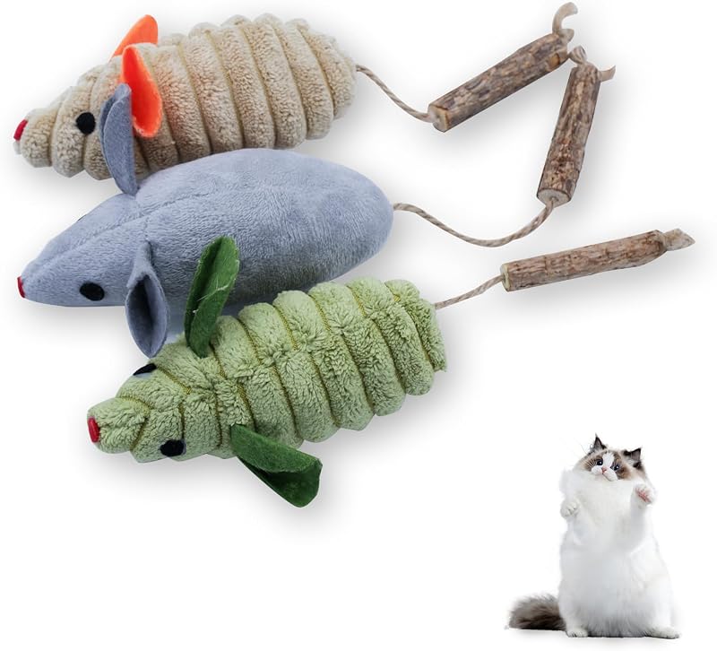 3 PIEZAS de juguetes de hierba gatera para gatos, juguetes realistas para gatos y ratones con tela de felpa suave Silvervine, juguetes interactivos para gatos de interior, resistentes a las picaduras, gatitos para morder y masticar, limpieza de dientes