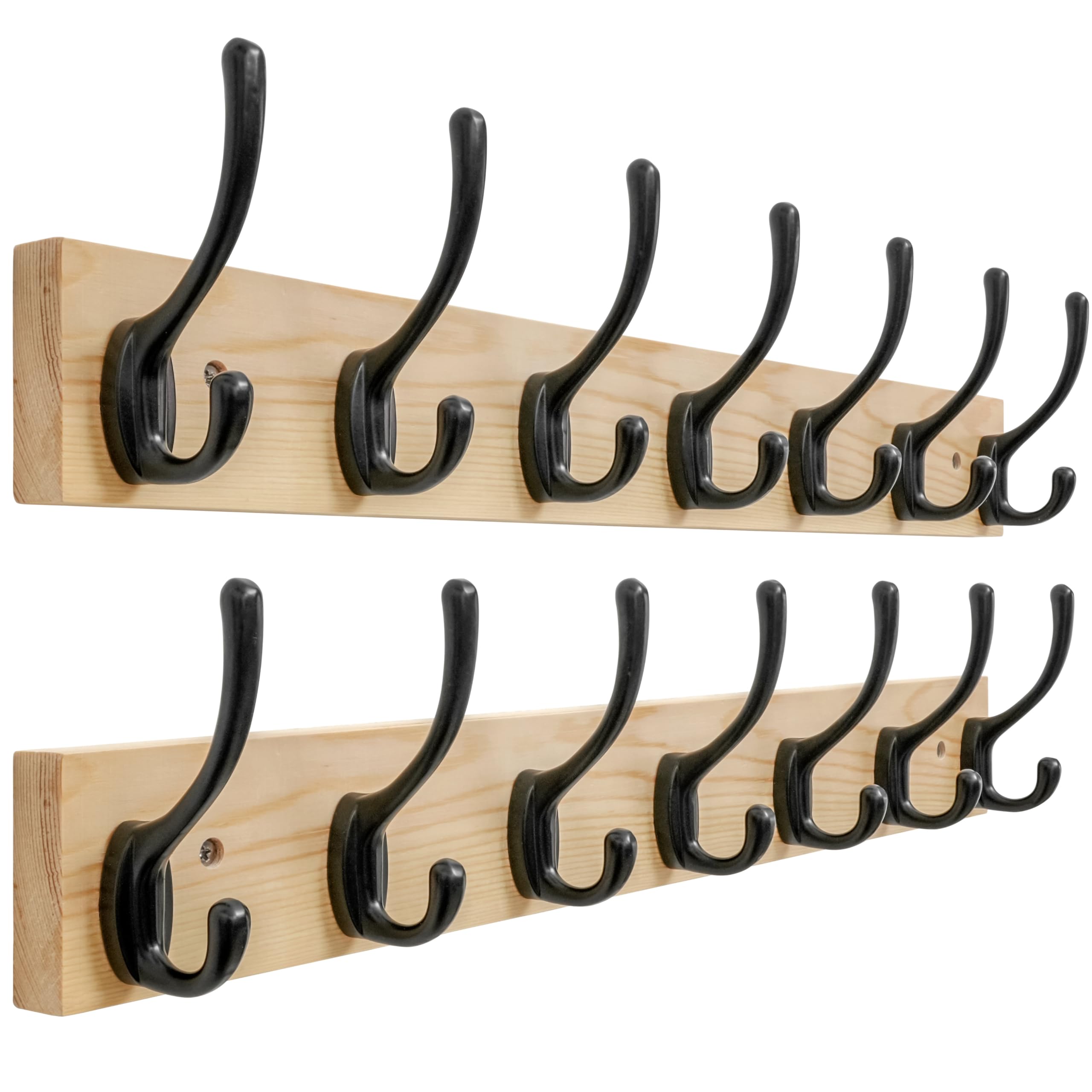 SKOLOO Solid Pine Wood Wall Mounted Coat Hooks, 50cm Long, Pack of 2, 7-Hook Modern Entryway Organizer with 16" Stud Installation, for Hallway, Bathroom, Kitchen (Natural Wood & Black Hooks)​