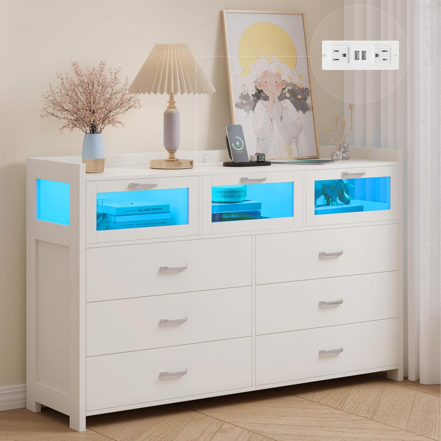 Whalefall White Dresser for Bedroom with 9 Drawers, Chests