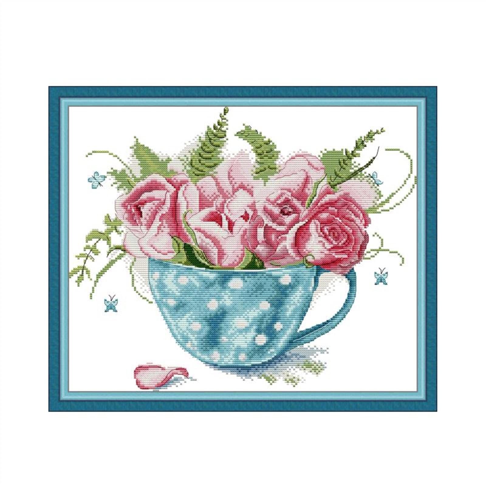 Broderie Point de Croix Rose Fleur Toile 14ct Fils Haute Qualité