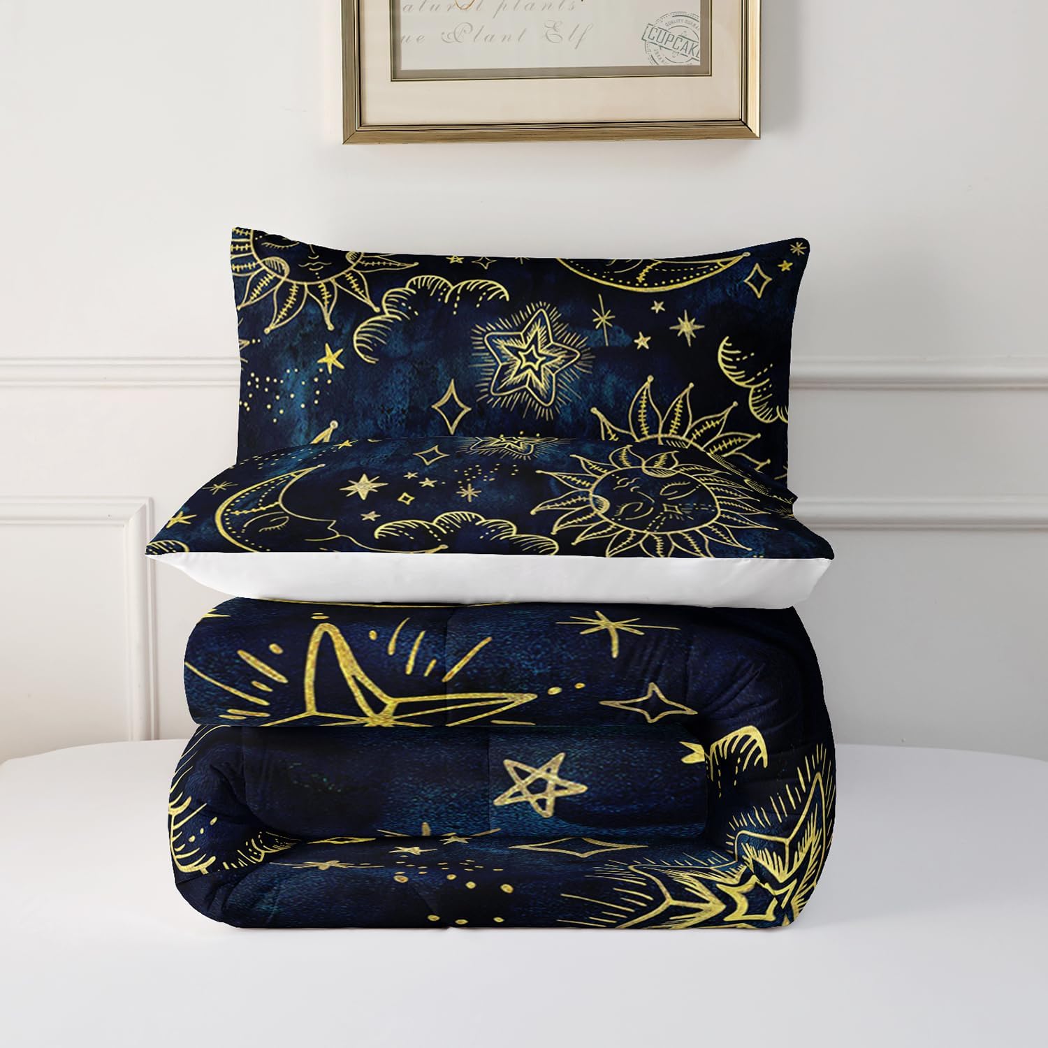 3-Piece Duvet Set - Sun, Moon, & Star Celestial Print Comforter Set, Premium Soft Microfiber Bedding Queen (Navy Blue/Gold)