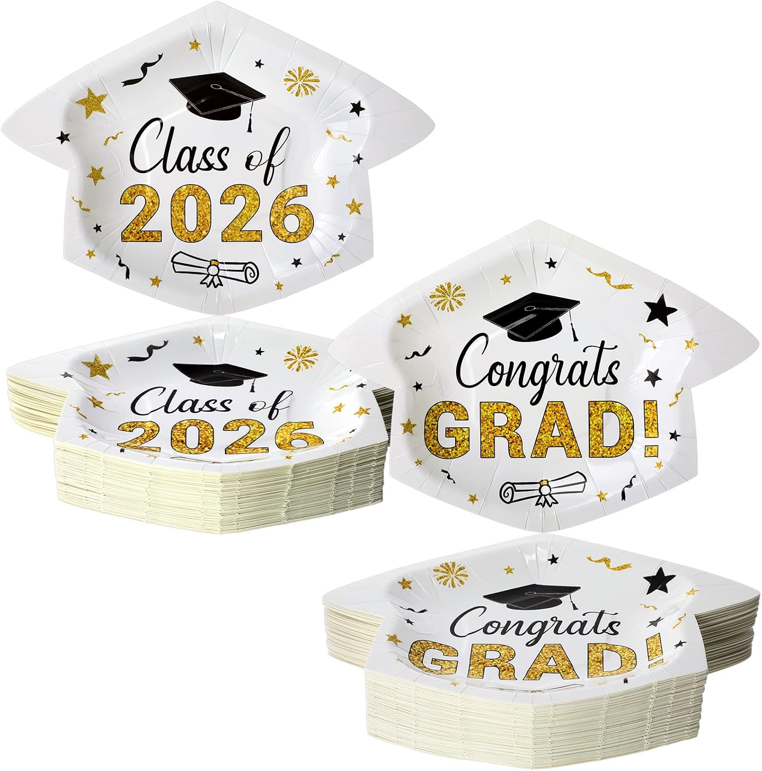 Havawish 100 Pcs Graduation Cap Paper Plates Disposable 2026 Graduation Party Plates 9.8 x 6.7 inch Congrats Grad Paper Decorative for Cocktail Party Favors Supplies, Serve 100(White)
